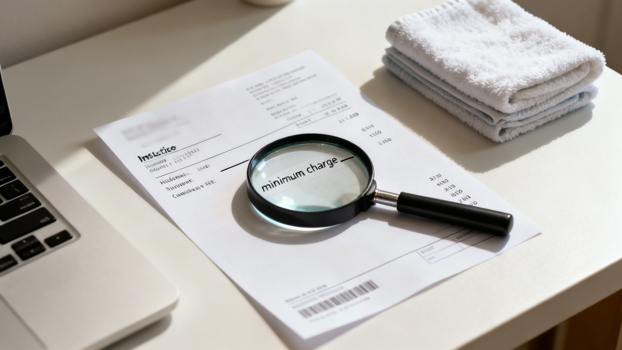 A magnifying glass on an invoice highlighting 'minimum charge' next to a laptop and folded towels.