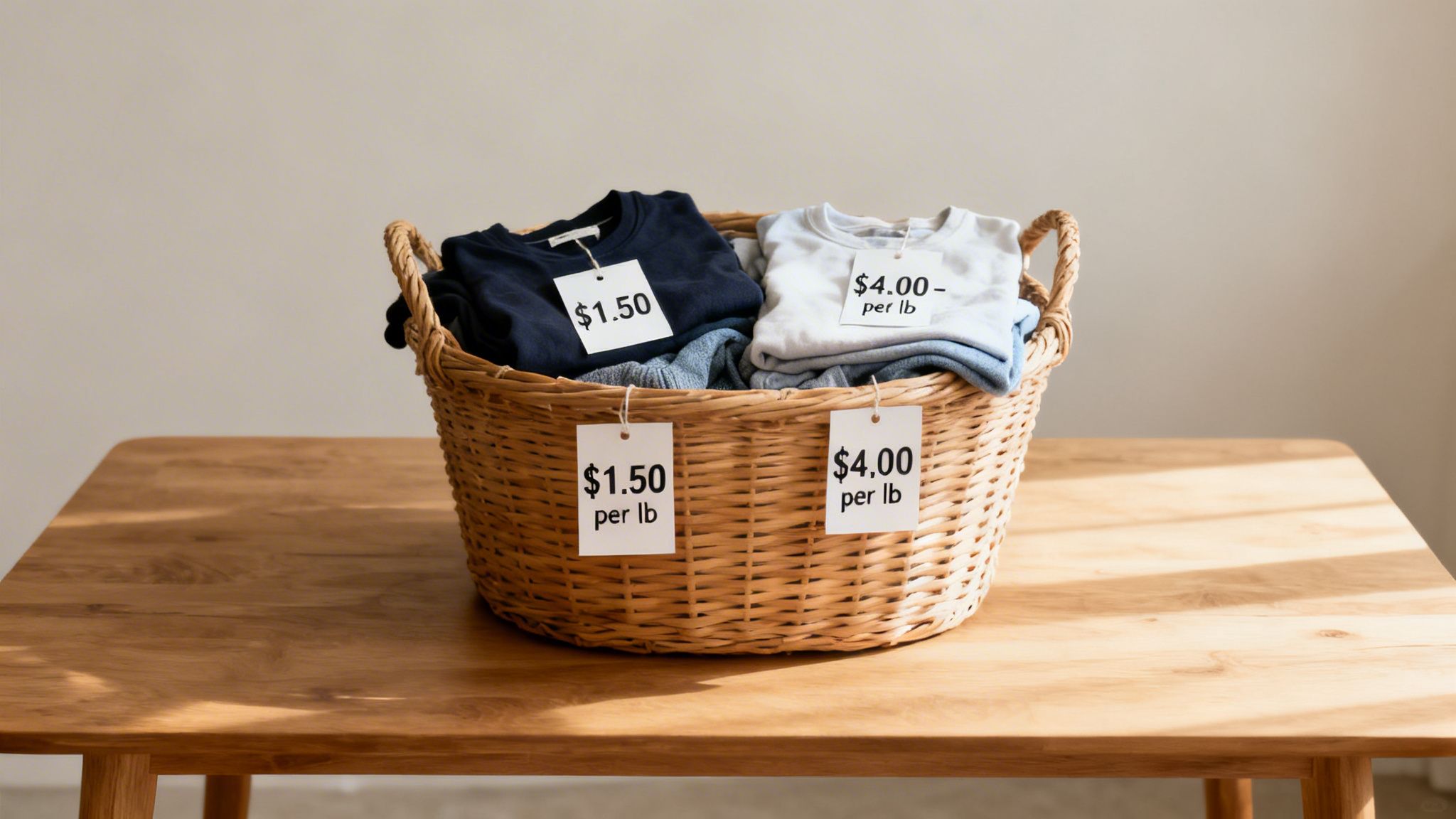 Wicker basket with folded clothes, showing price tags for $1.50/lb and $4.00/lb for laundry by weight.