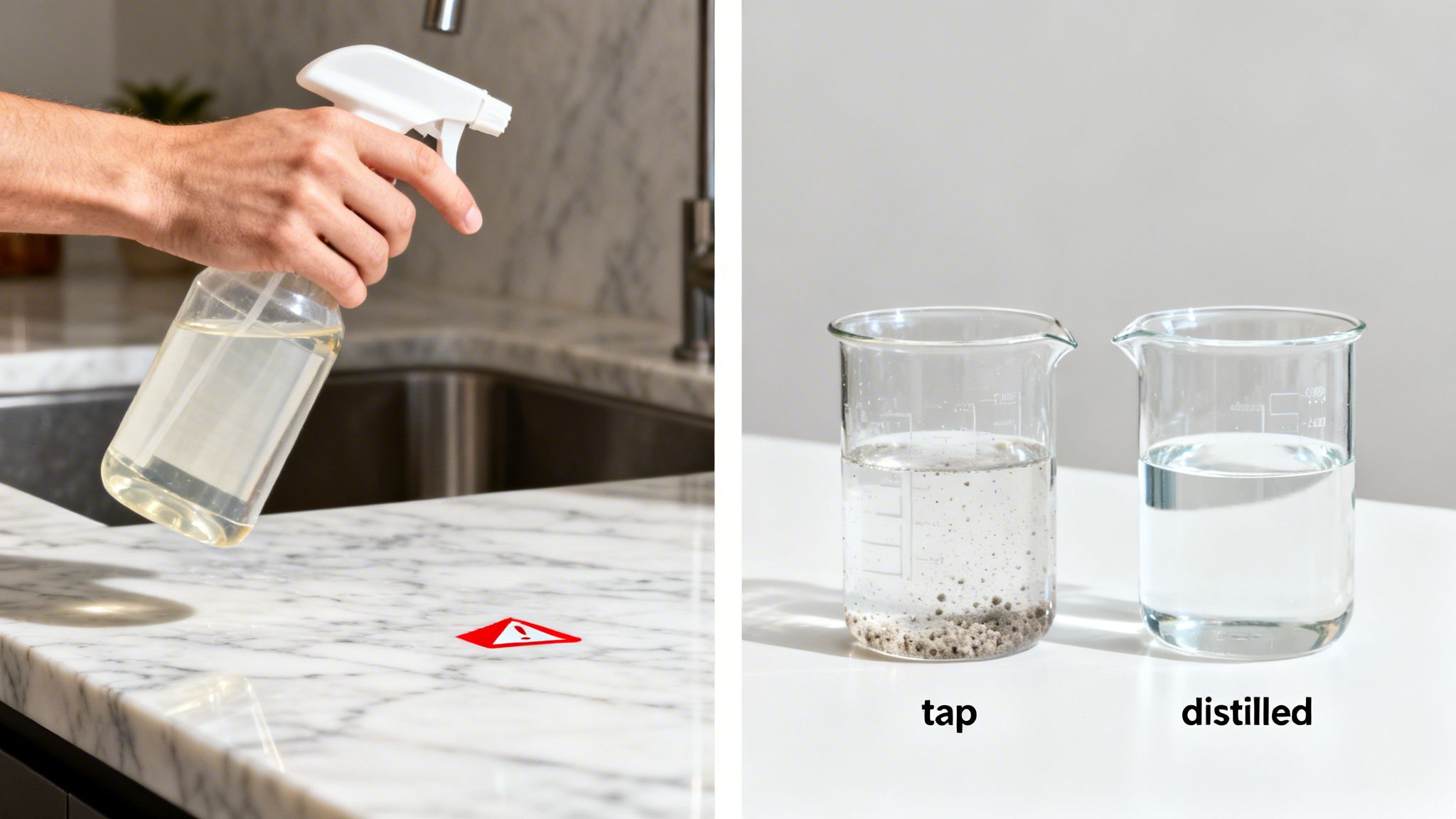 A hand sprays a cleaning solution on a marble counter, next to beakers comparing tap and distilled water.