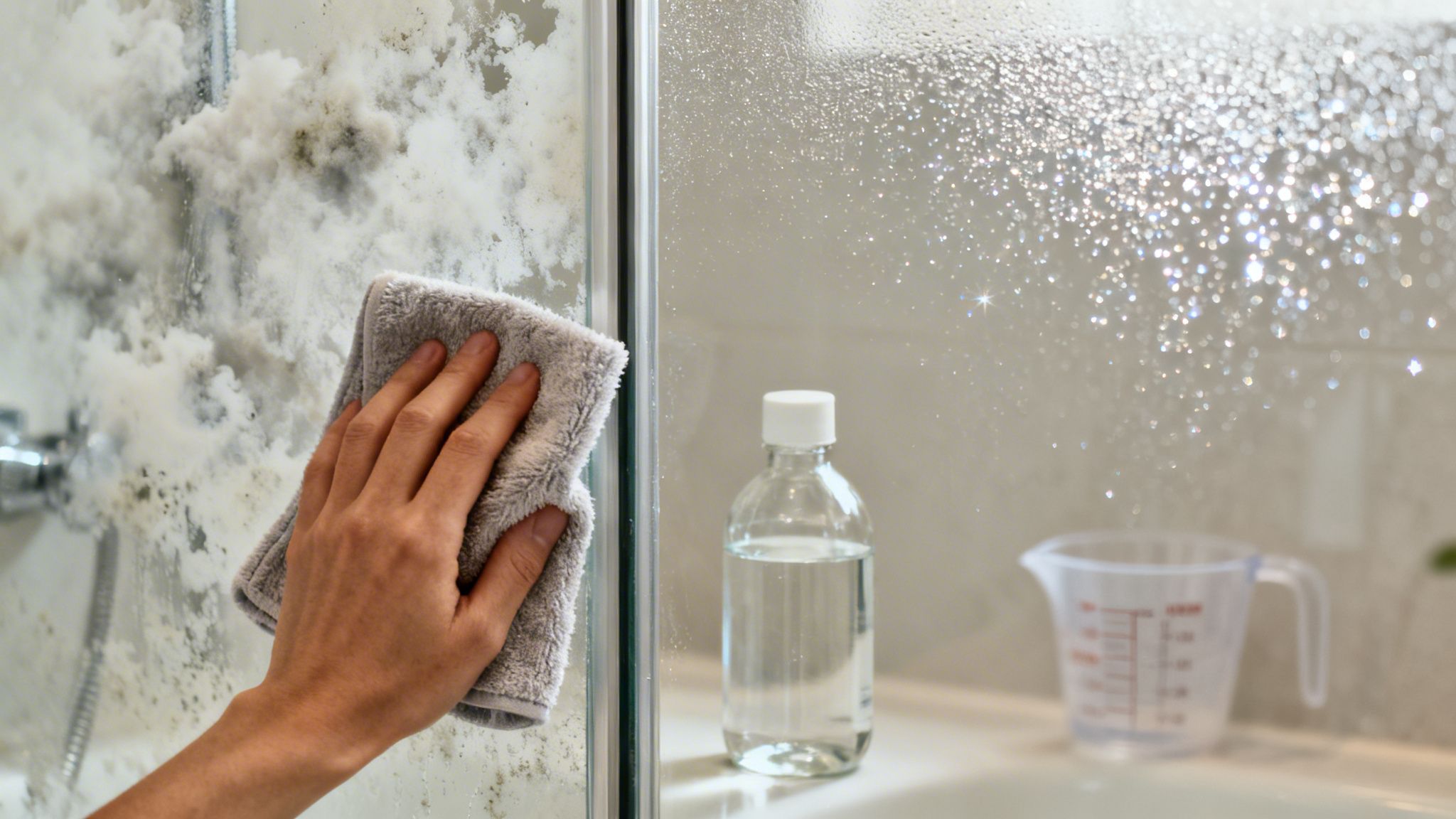 Person cleaning heavy water spots and grime from a shower door with a microfiber cloth and vinegar.