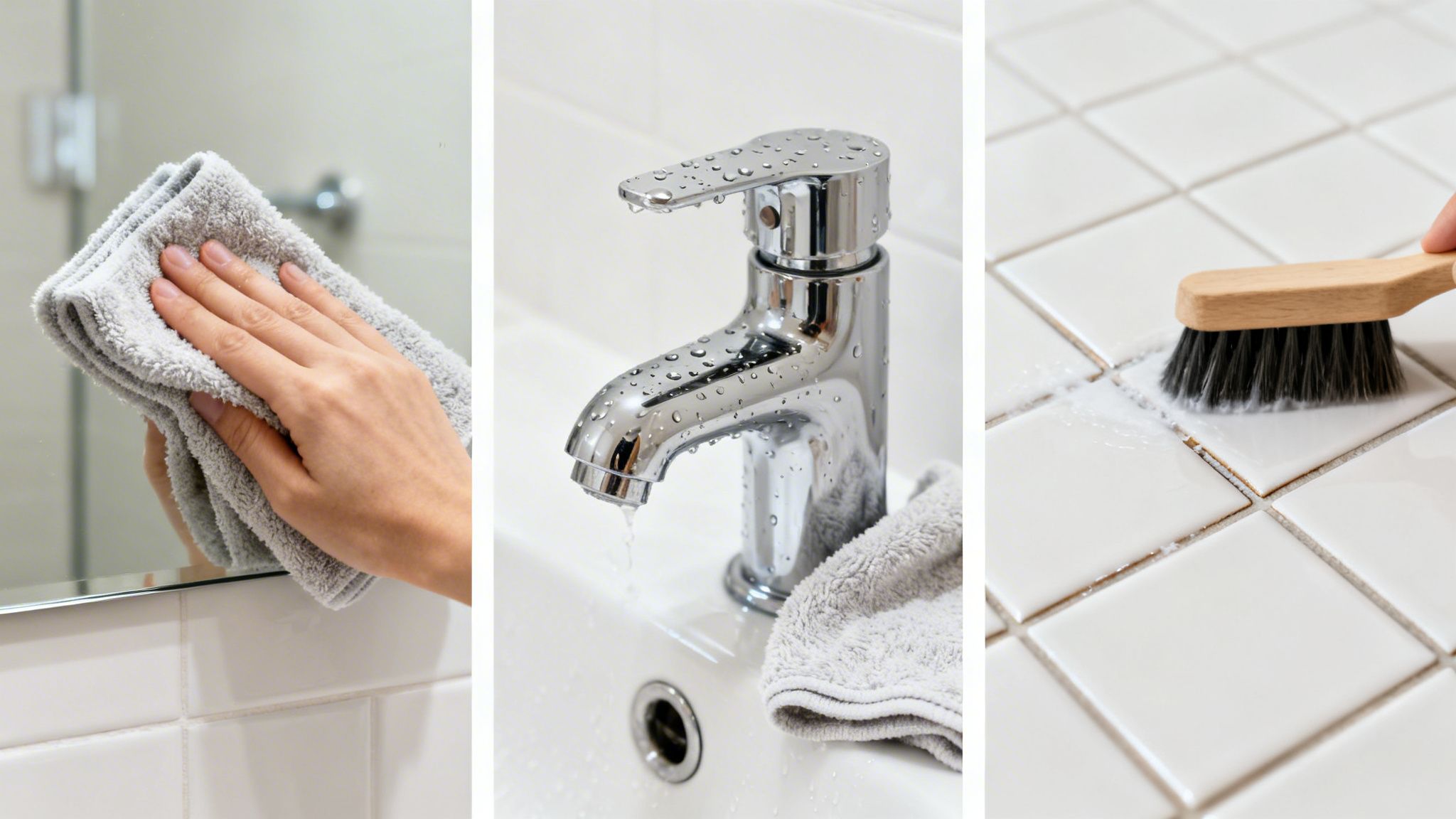 A triptych showing hands cleaning a bathroom mirror, a shiny faucet, and scrubbing tile grout.