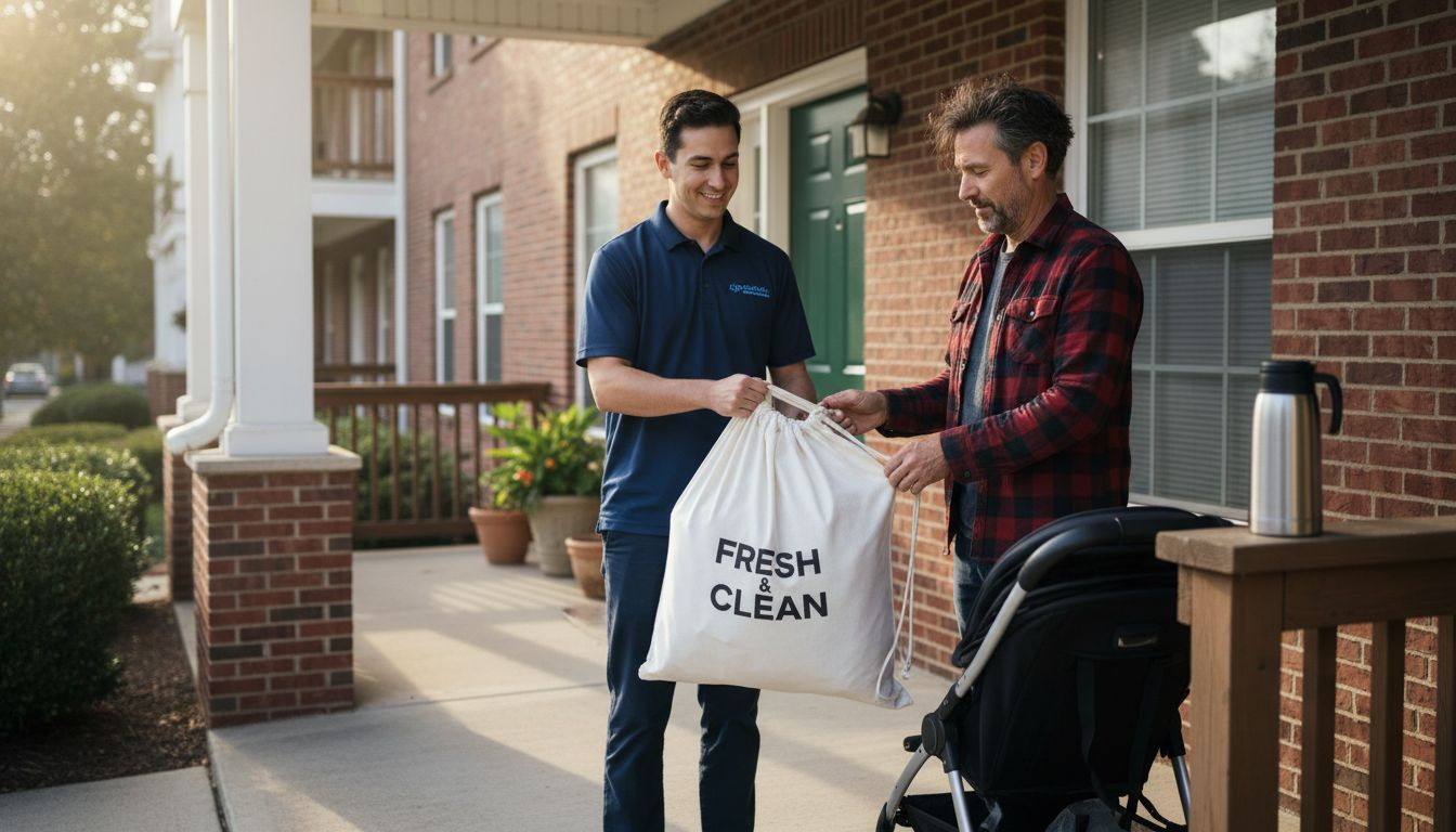Laundry delivery driver hands bag to suburban father