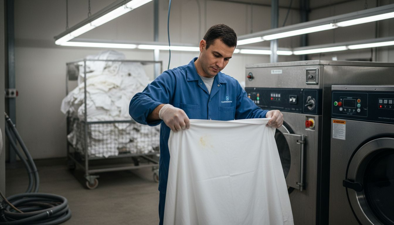 Technician inspecting textile for stains in facility