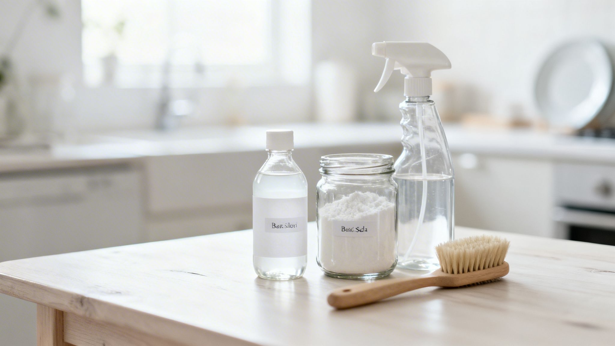 Eco-friendly cleaning supplies including baking soda, vinegar, a spray bottle, and brush on a kitchen table.