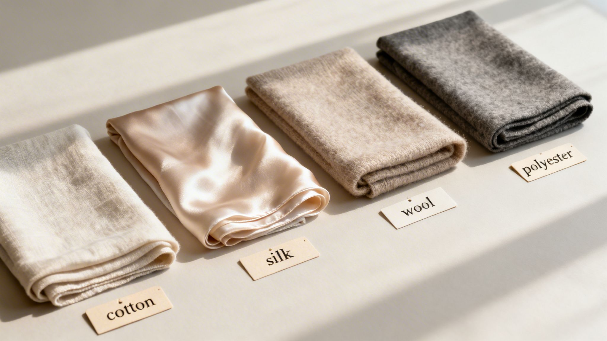 Four labeled fabric swatches: cotton, silk, wool, and polyester, showcasing different textures.