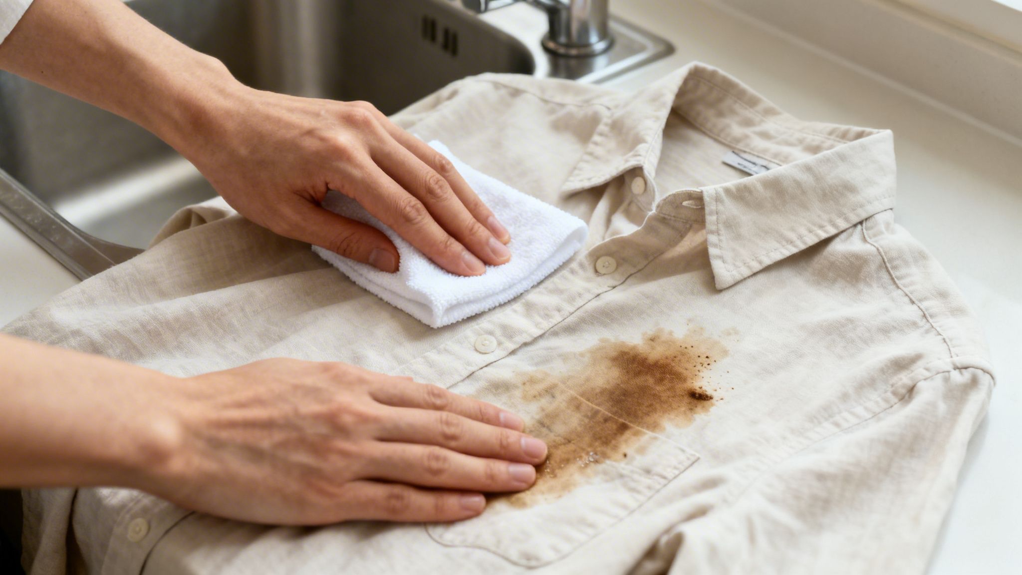 Close-up of hands cleaning a brown stain on a light beige shirt with a white cloth near a sink.