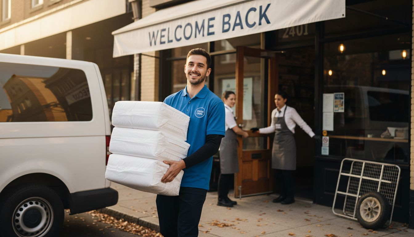 Linen service van delivers to neighborhood café
