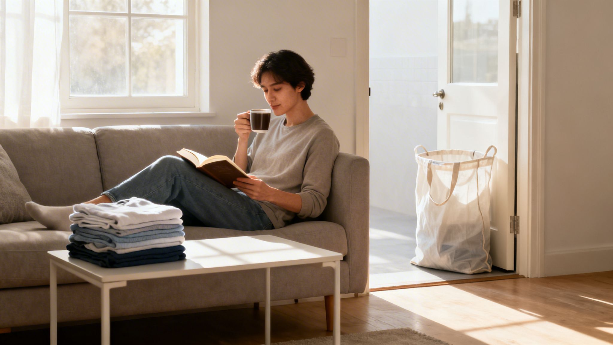 A person reading a book and drinking coffee on a couch with freshly folded laundry.