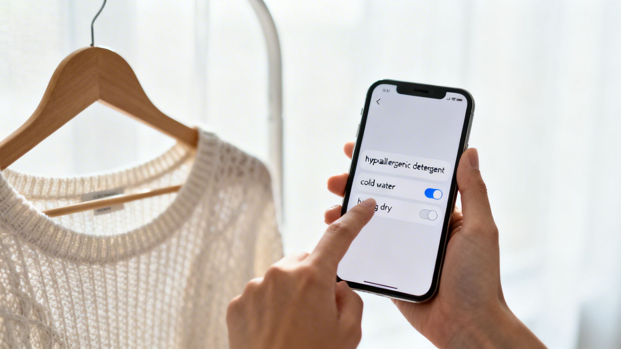 A person's hands hold a smartphone displaying laundry settings like 'cold water' next to a white sweater on a hanger.