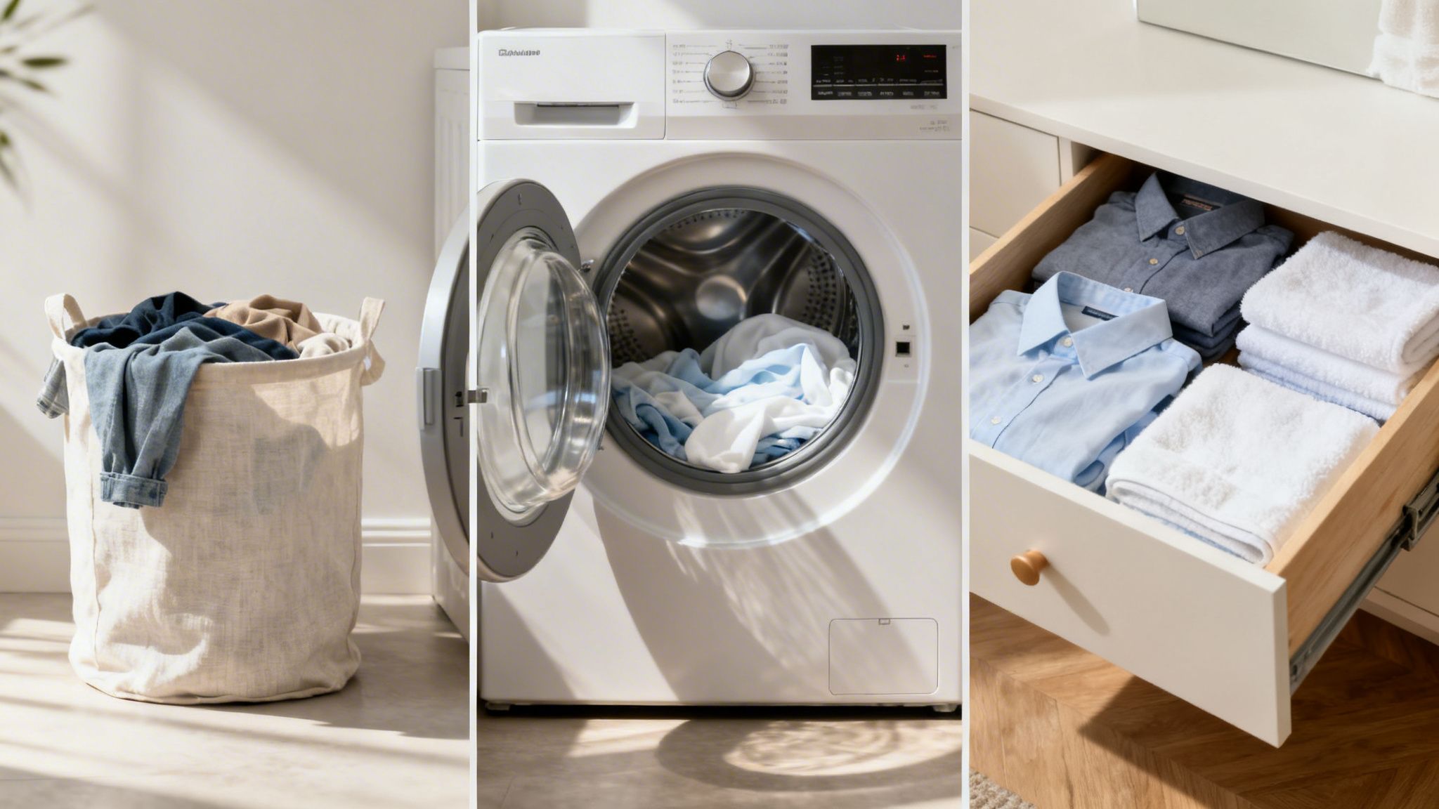 Laundry process from basket to washing machine to neatly organized clean clothes in a drawer.