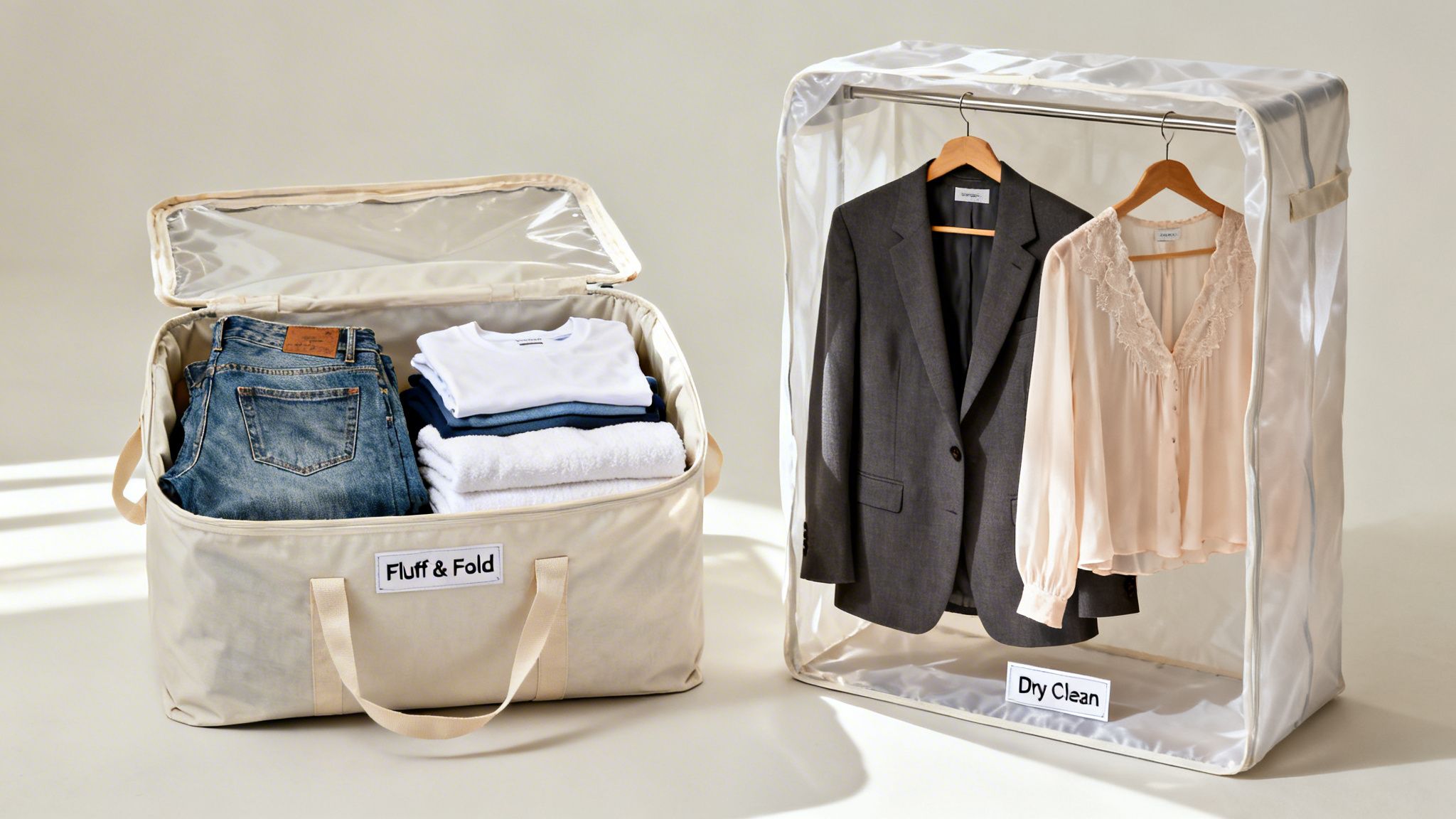 Laundry organization with a canvas bag for fluff and fold, and a garment bag for dry cleaning.