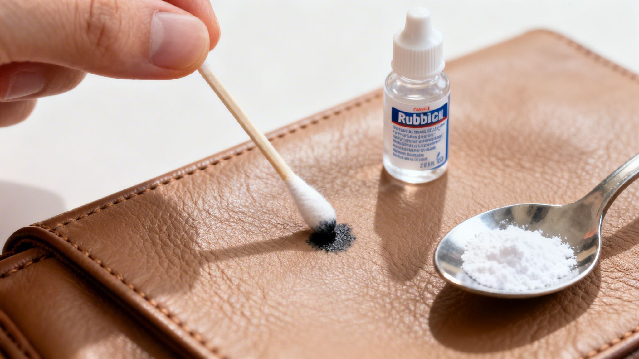 A hand cleans a black stain on brown faux leather with a cotton swab, cleaning solution, and white powder.