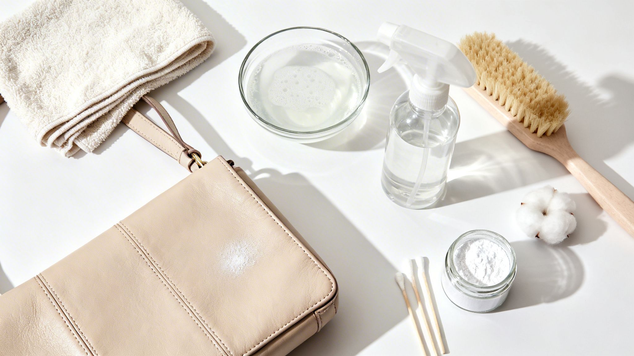 A flat lay of cleaning supplies surrounding a light-colored leather bag with white powder on it.