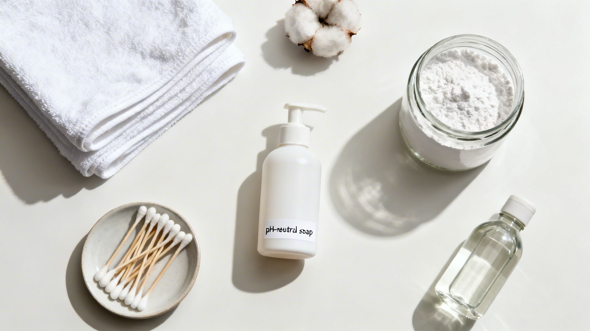 Top-down view of various white hygiene and natural cleaning products on a light surface.