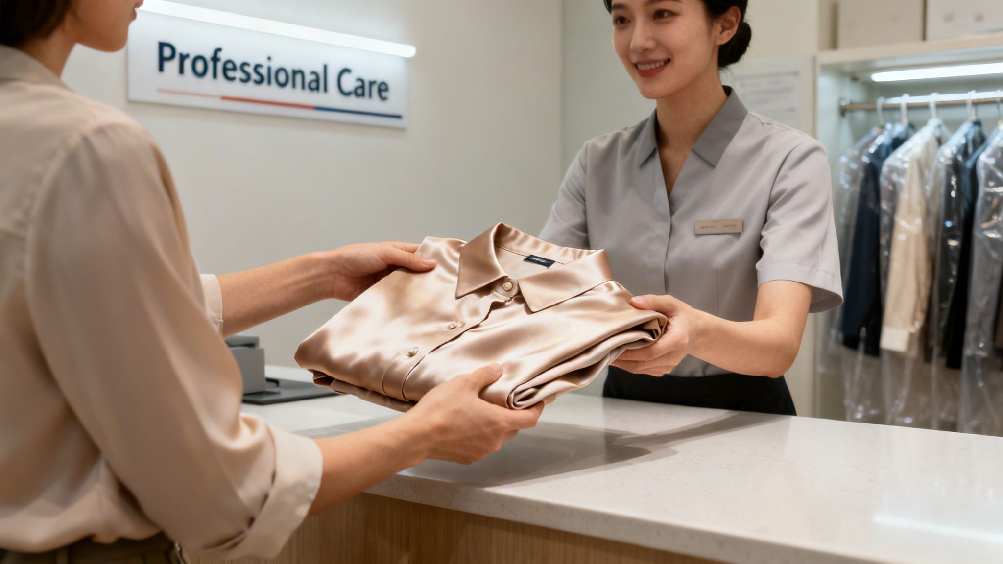 A customer receives a perfectly folded silk shirt from a smiling laundry service attendant.