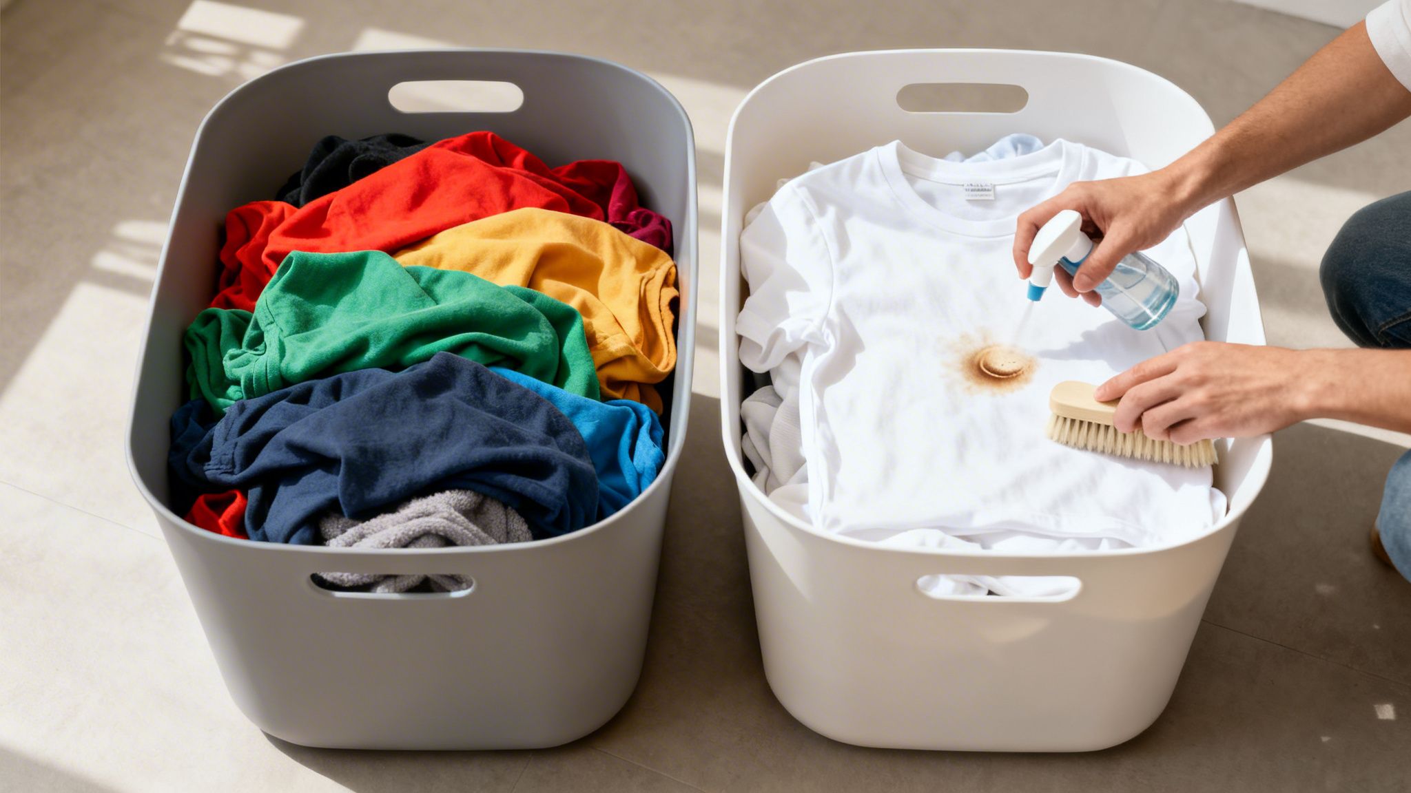 Hands treating a brown stain on a white t-shirt with spray and brush, next to a basket of colorful laundry.