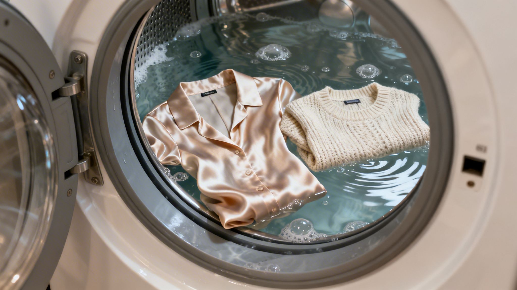 A washing machine drum with an open door, showing a silk shirt and a knitted sweater in water with bubbles.