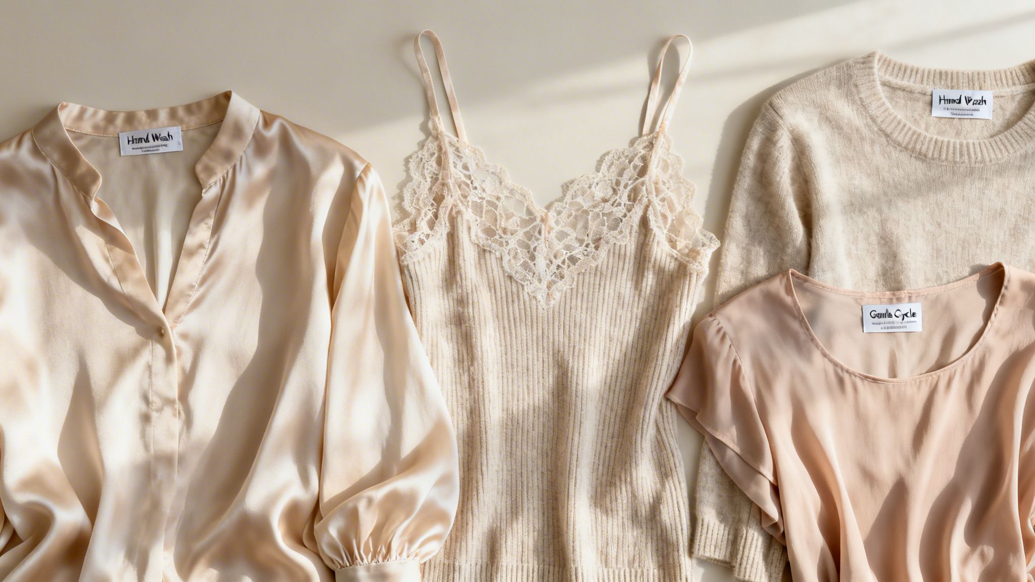 Various delicate clothing items including a silk blouse, lace camisole, and cashmere sweater.
