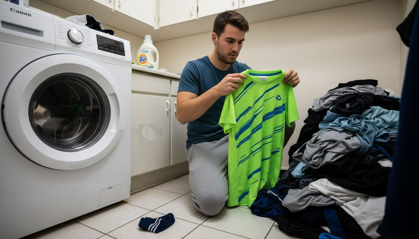 Man checks care label on athletic shirt