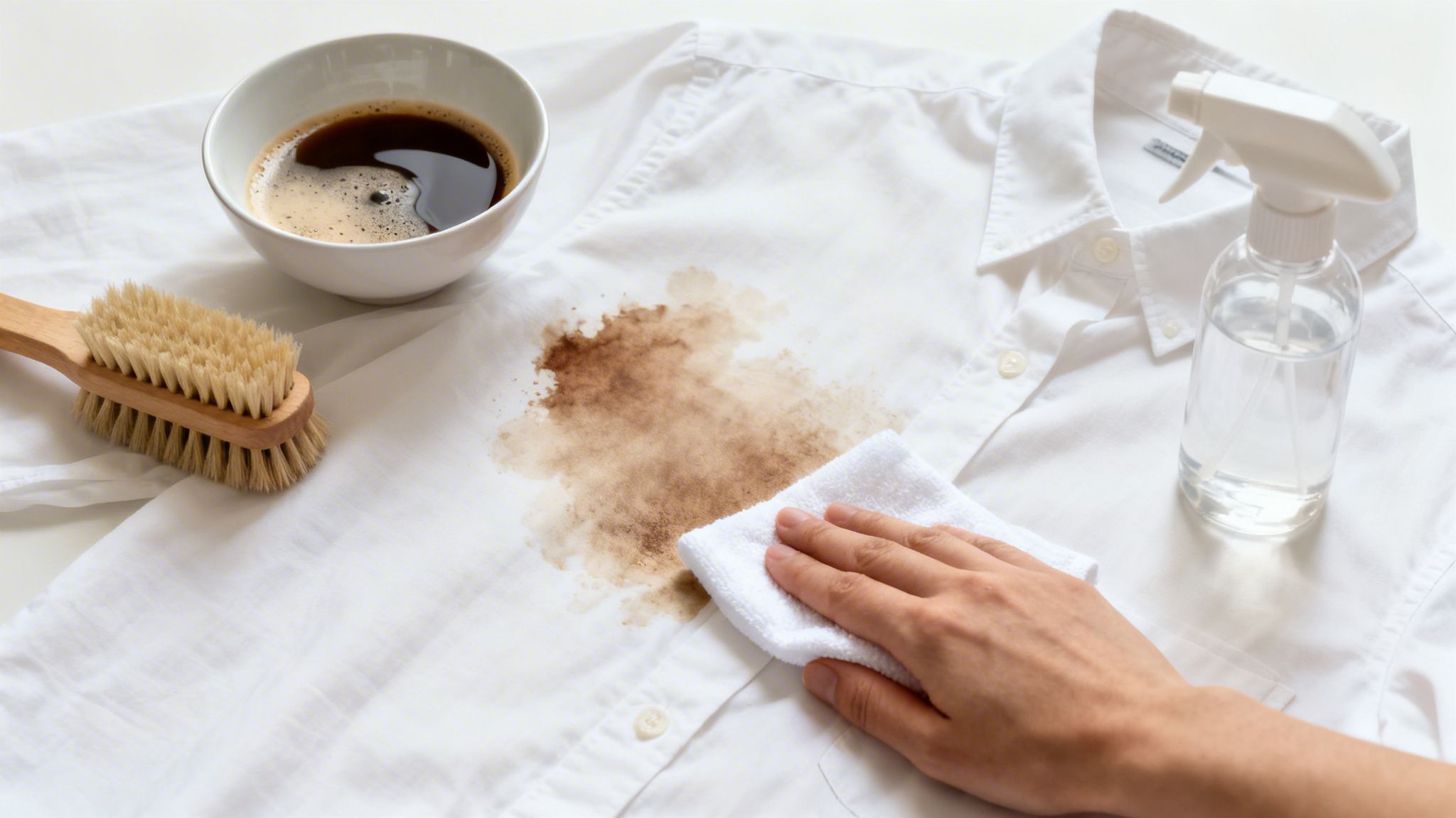 A person cleaning a coffee stain on a white shirt with a cloth, brush, and spray bottle.