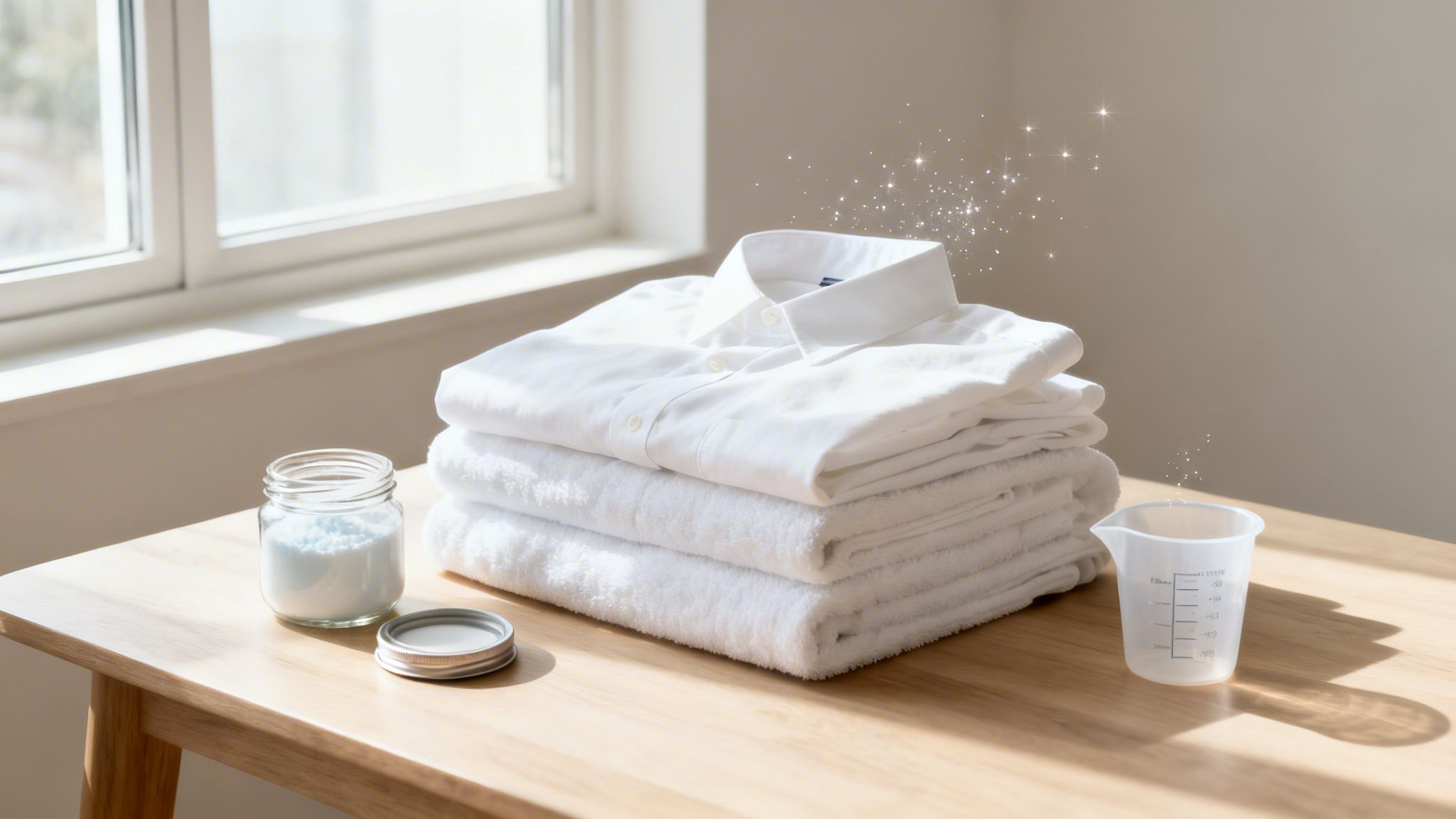 Freshly laundered white clothes and towels, washing powder, and a measuring cup on a wooden table by a window.