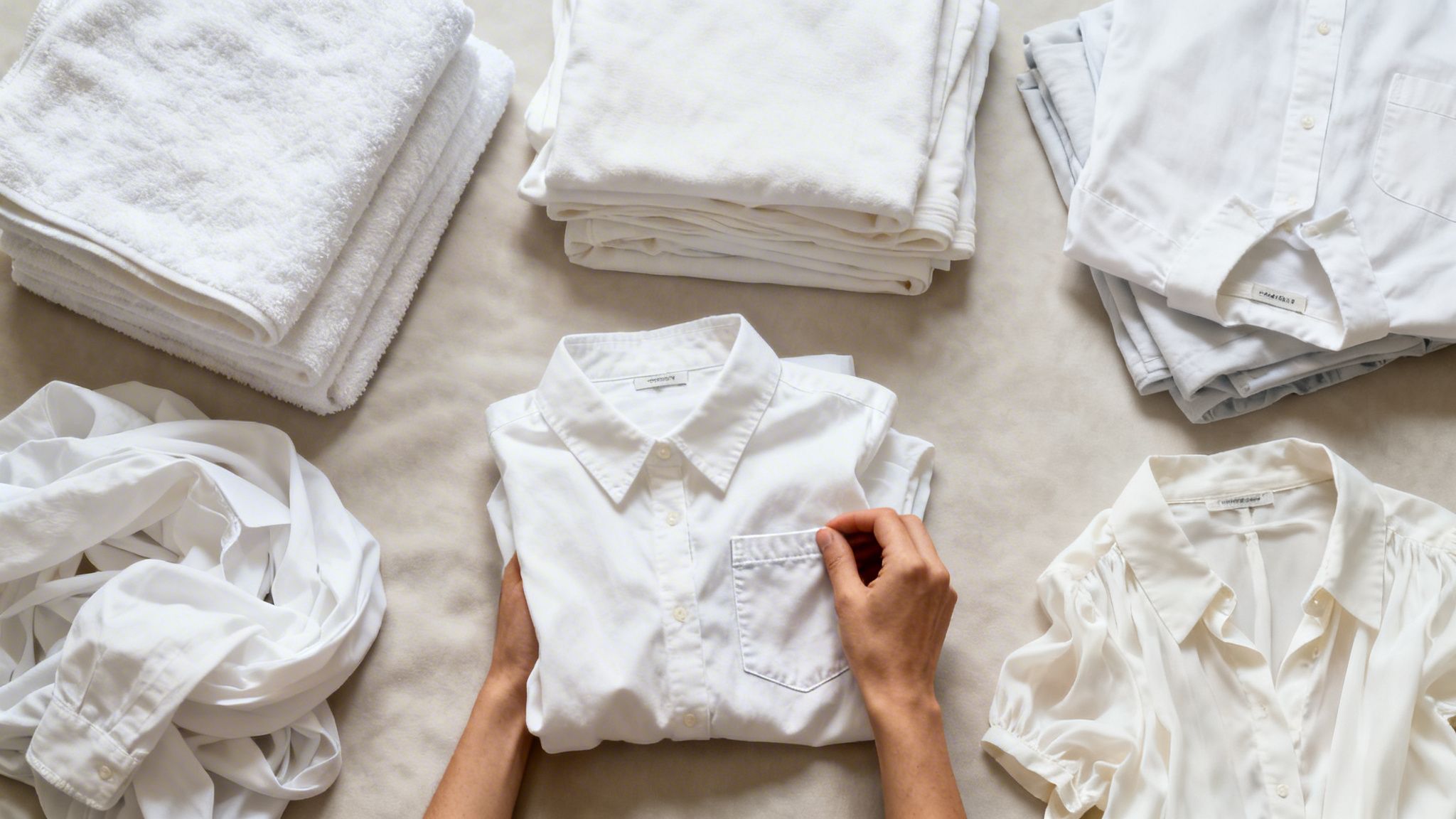 Hands folding various clean white laundry items, including towels, shirts, and sheets.