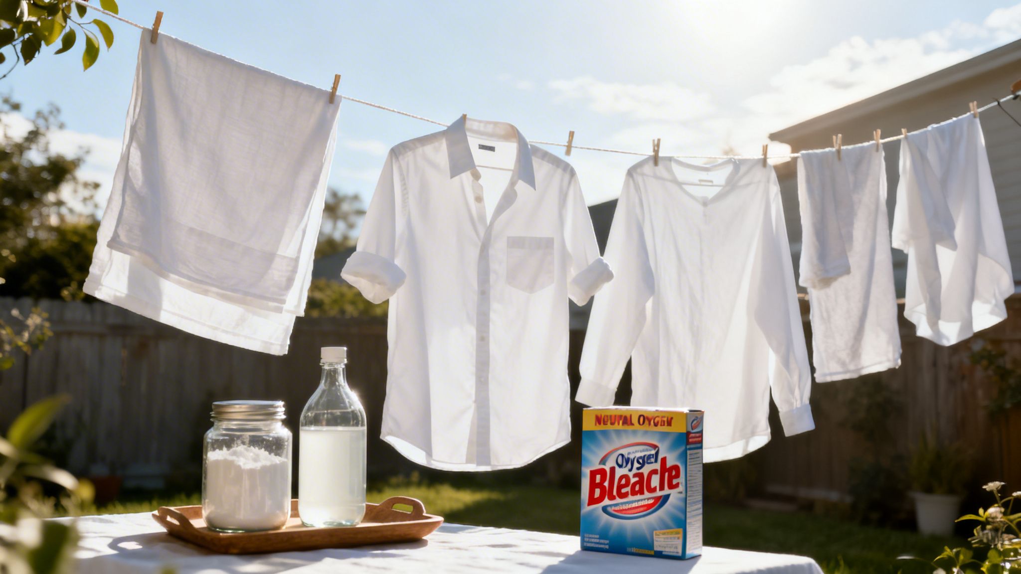 White laundry, including shirts and towels, drying on a clothesline in sunlight with bleach products nearby.