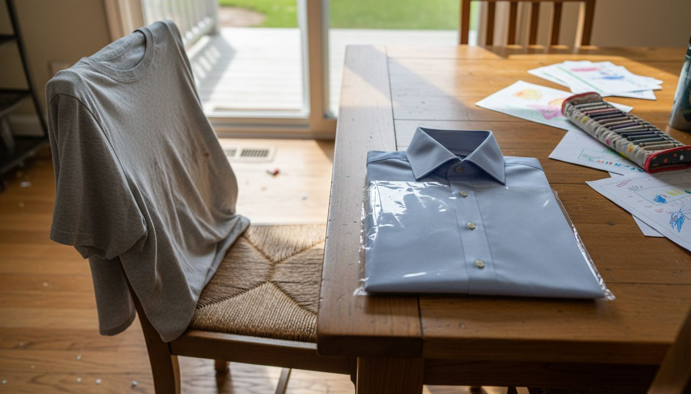 Protected shirt folded on busy family table