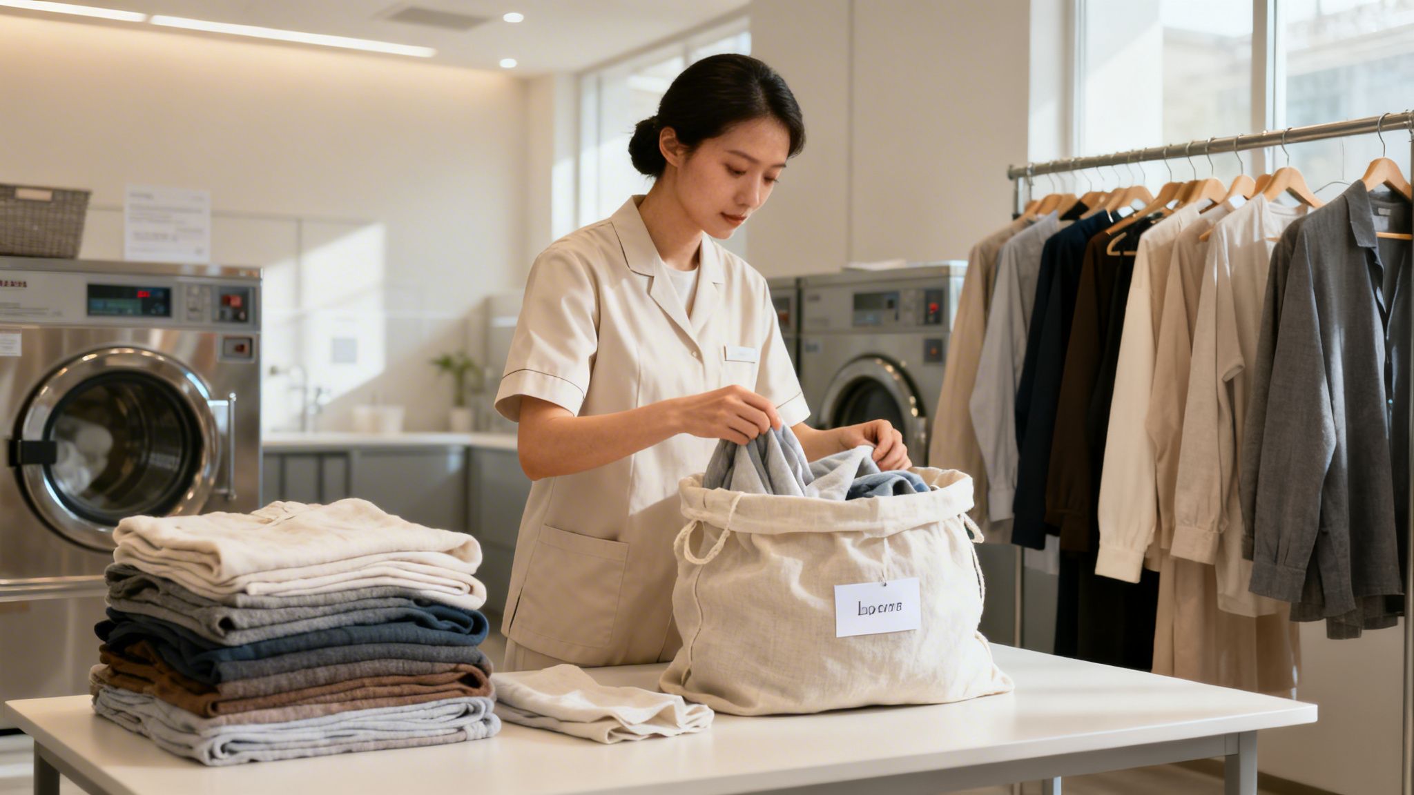 A woman in a professional laundry setting carefully folding clothes and placing them into a bag.