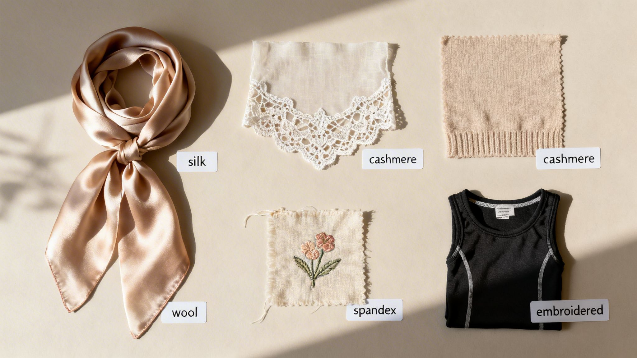 A collection of fabric samples including silk, cashmere, spandex, and an embroidered top.