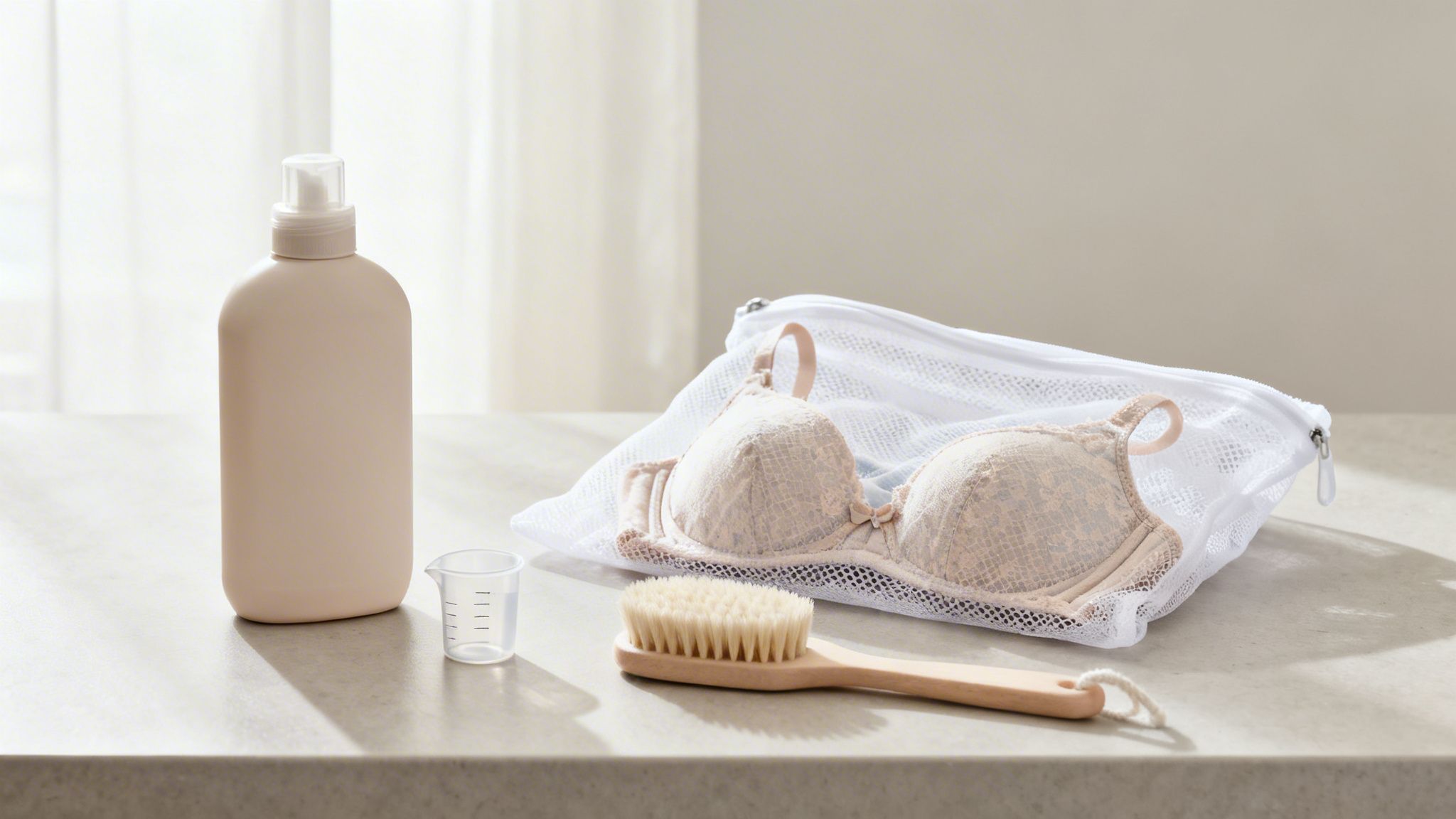 Delicate laundry care items: a beige bra in a mesh wash bag with detergent, a measuring cup, and a brush.