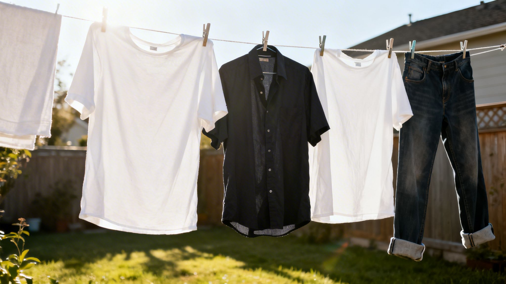 Various clothes, including white t-shirts, a black shirt, and jeans, drying on a clothesline in a sunny backyard.
