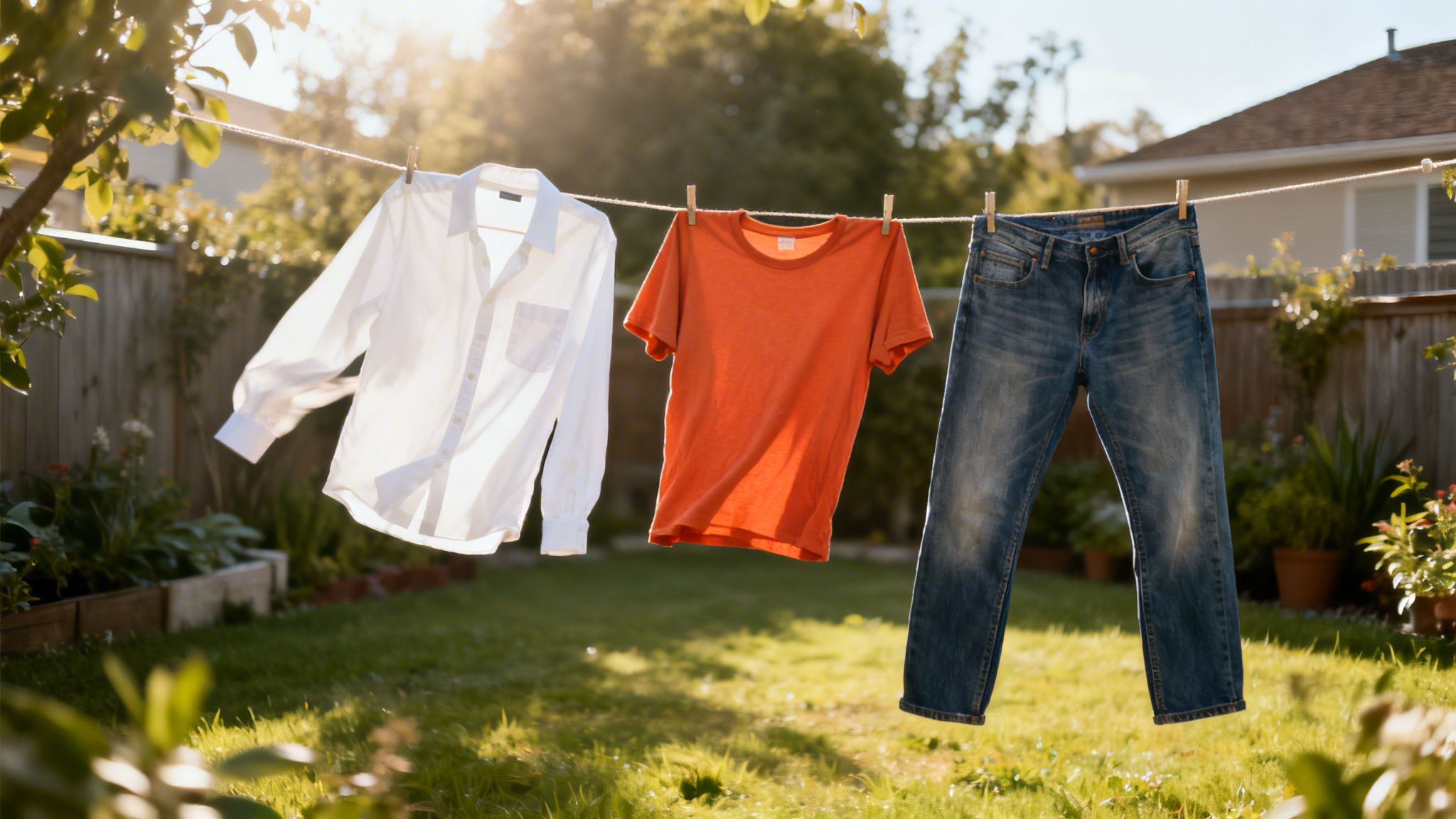 Laundry hanging on a clothesline outdoors: a white shirt, orange tee, and blue jeans in a sunny backyard.