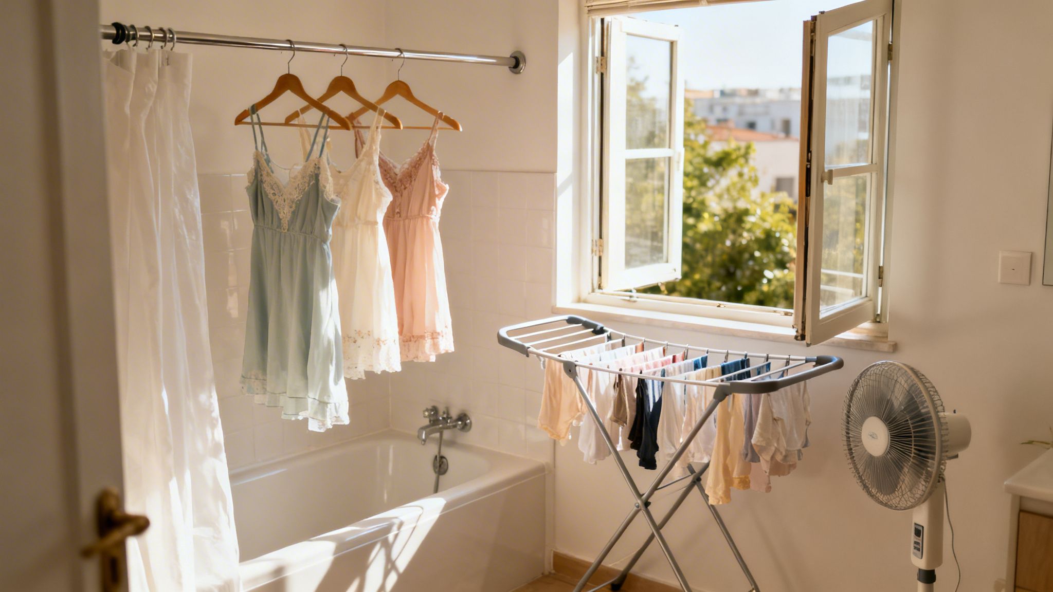Dresses and clothes hanging to dry in a sunlit bathroom with an open window and a fan.