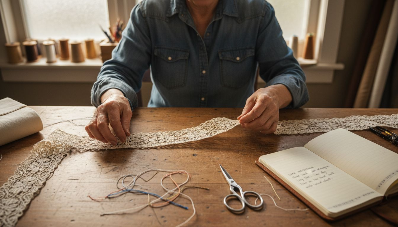 Hands arranging lace on sewing table