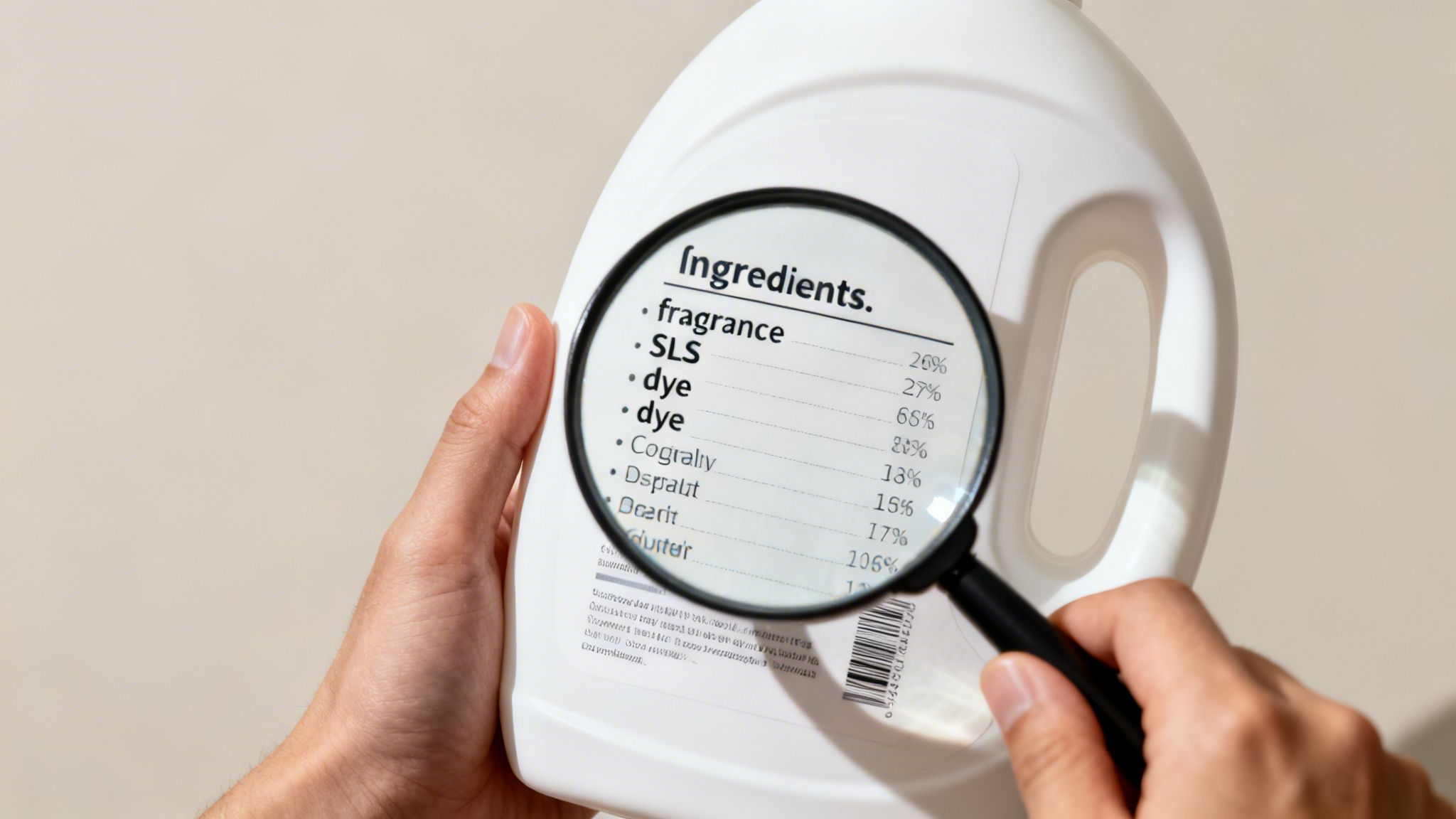 A person uses a magnifying glass to closely read the ingredients list on a white detergent bottle, showing details like 'fragrance' and 'SLS'.
