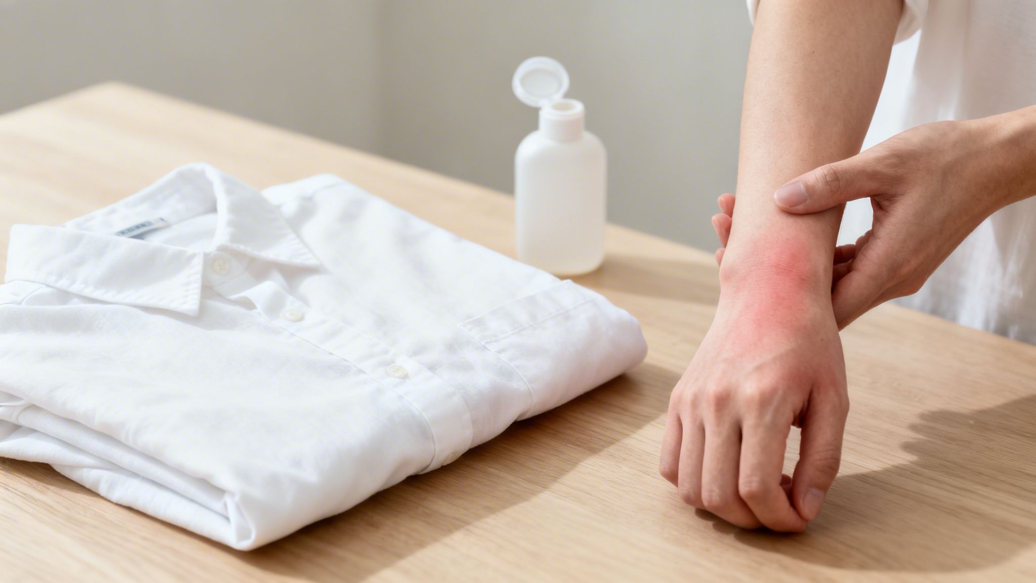 Person holding a red, irritated wrist, next to a folded white shirt and a lotion bottle, suggesting skin allergy.