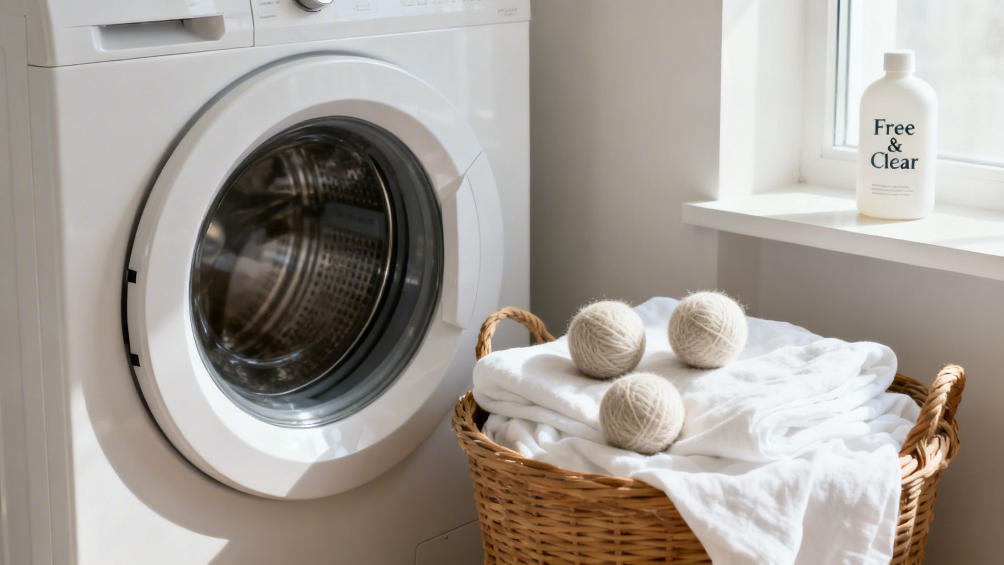 A bright laundry room scene with a washing machine, basket of linen, dryer balls, and detergent.
