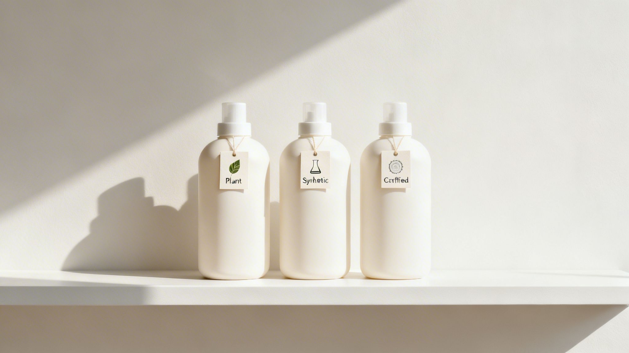 Three white spray bottles on a shelf, labeled Plant, Synthetic, and Certified, with shadows.