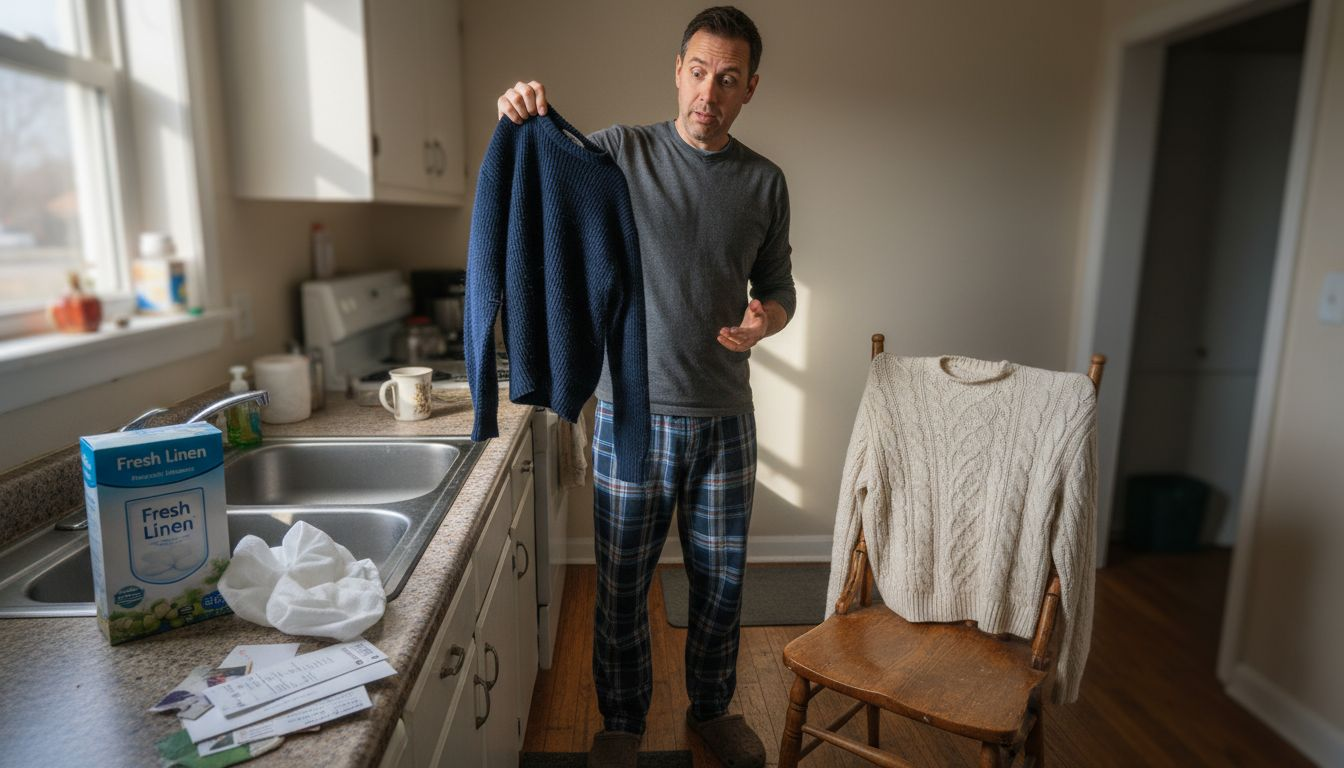 Man comparing shrunken and regular wool sweaters