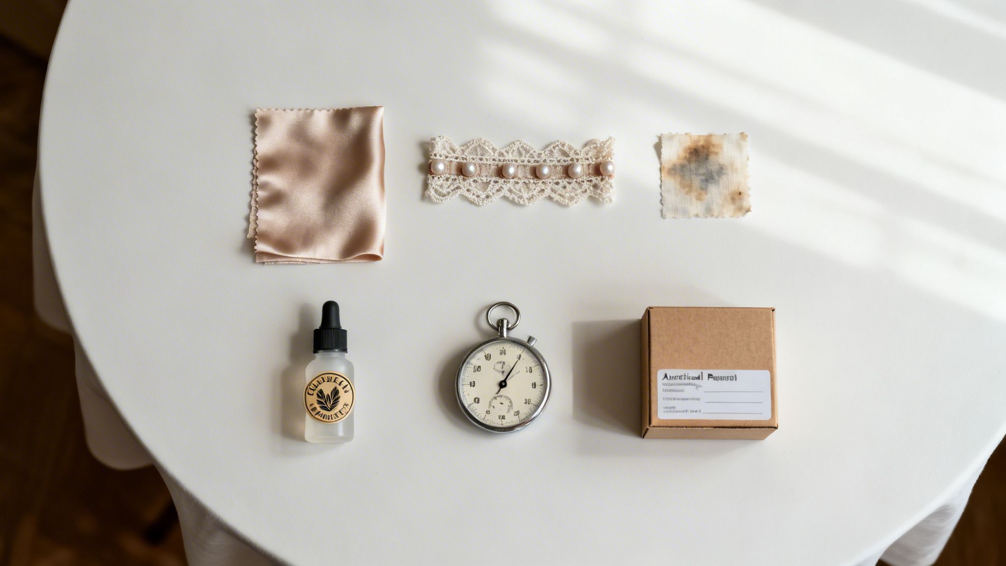 A flat lay of various wedding-related items including lace, pearls, a stopwatch, and a dropper bottle.