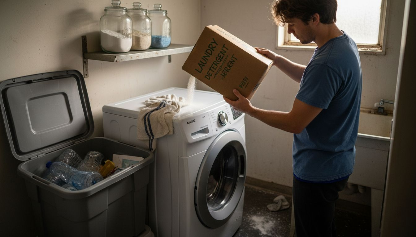 Pouring powder detergent in home laundry room