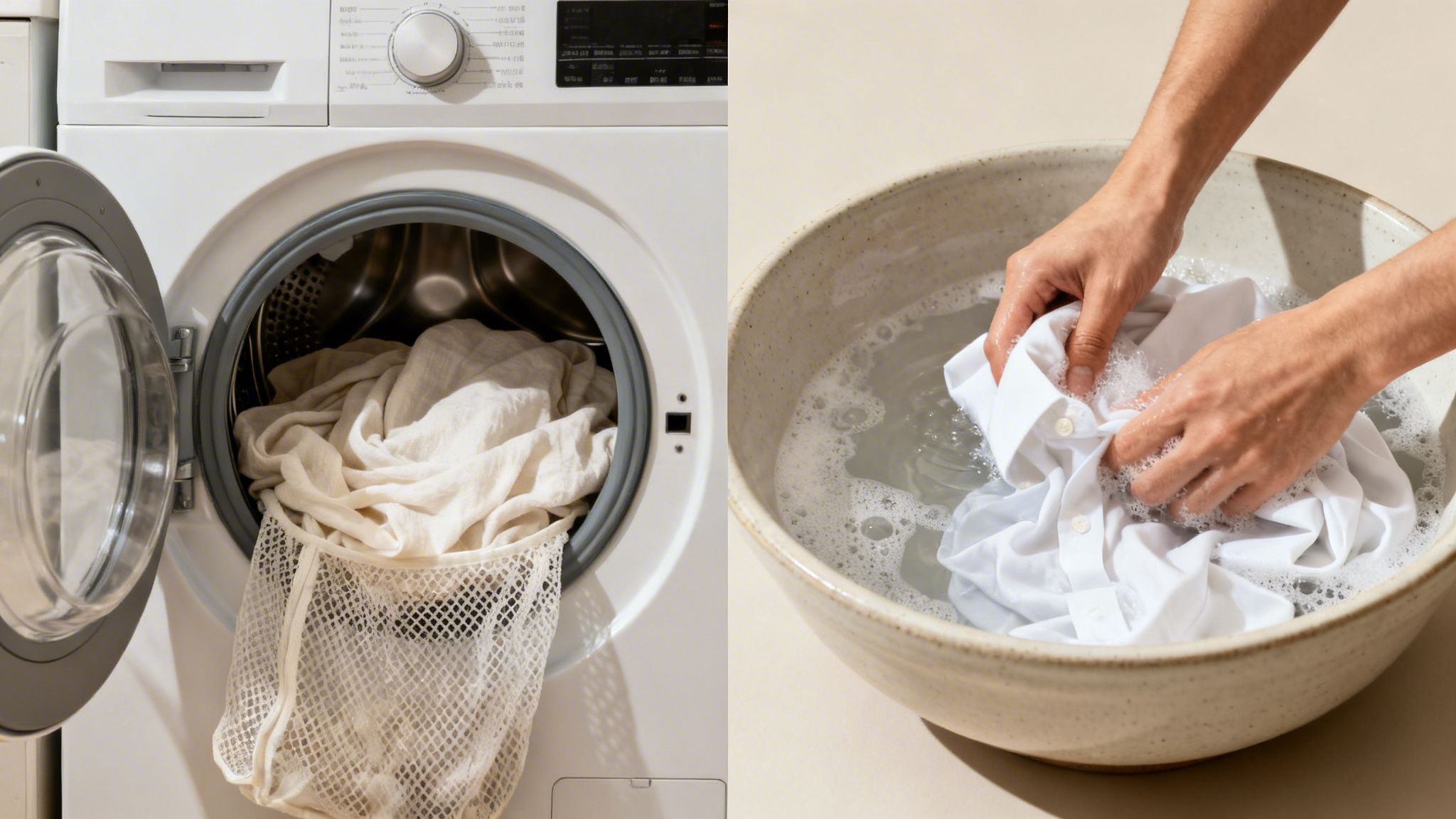 Two images show clothes being washed: delicate items in a washing machine and a shirt hand-washed in a bowl.