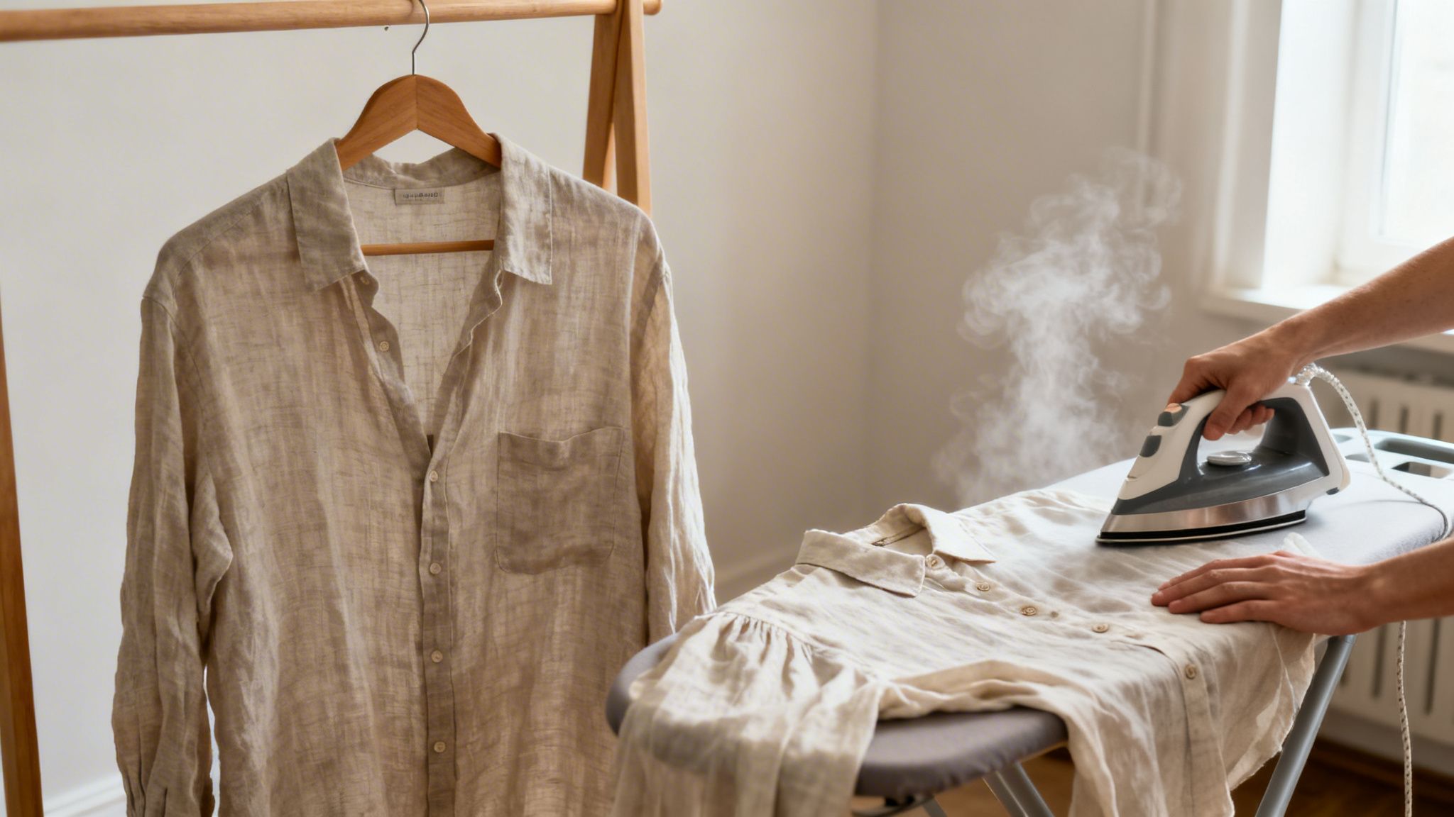Close-up of a person ironing a natural linen shirt with steam, while another hangs nearby.