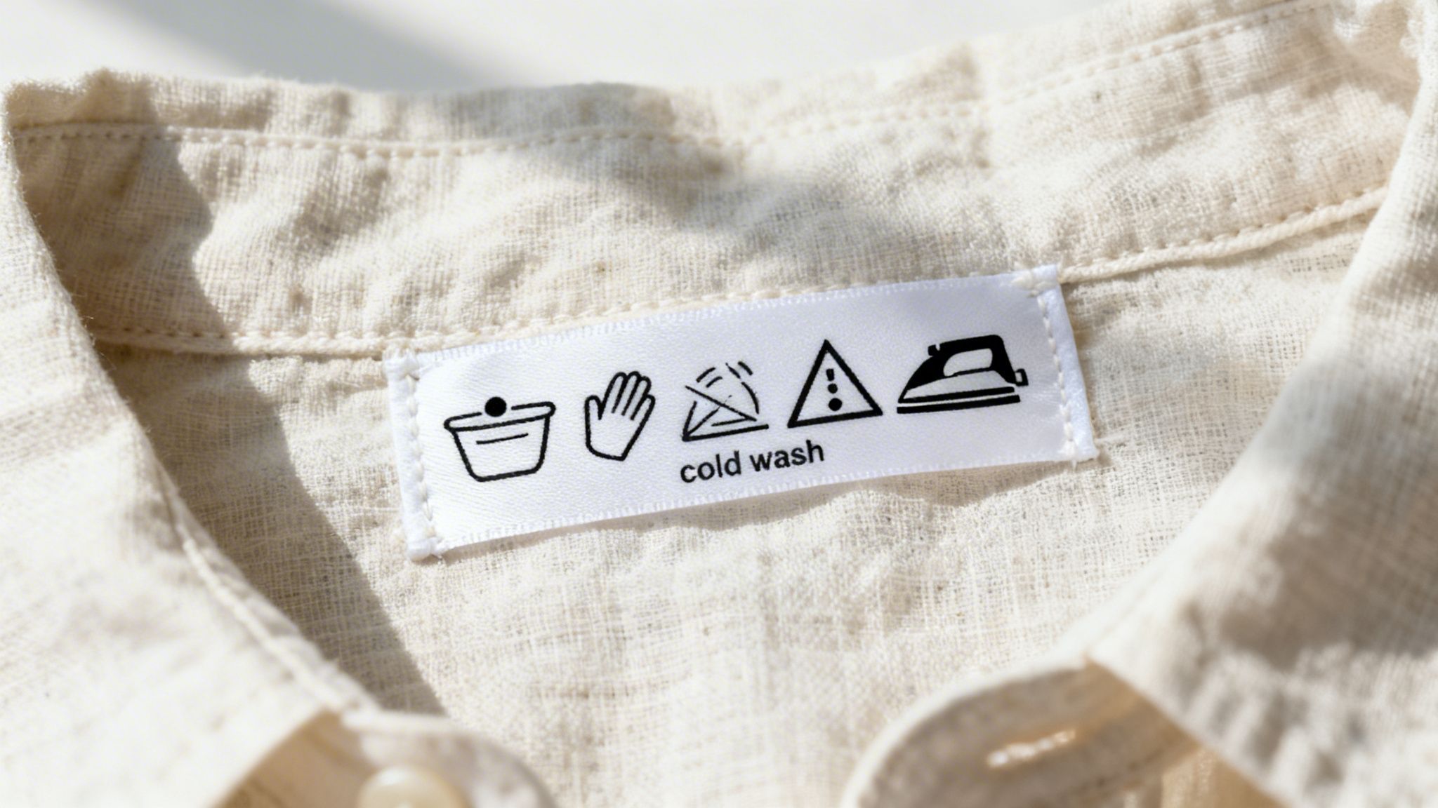 White clothing label shows laundry care symbols for cold wash, hand wash, no tumble dry, and ironing.