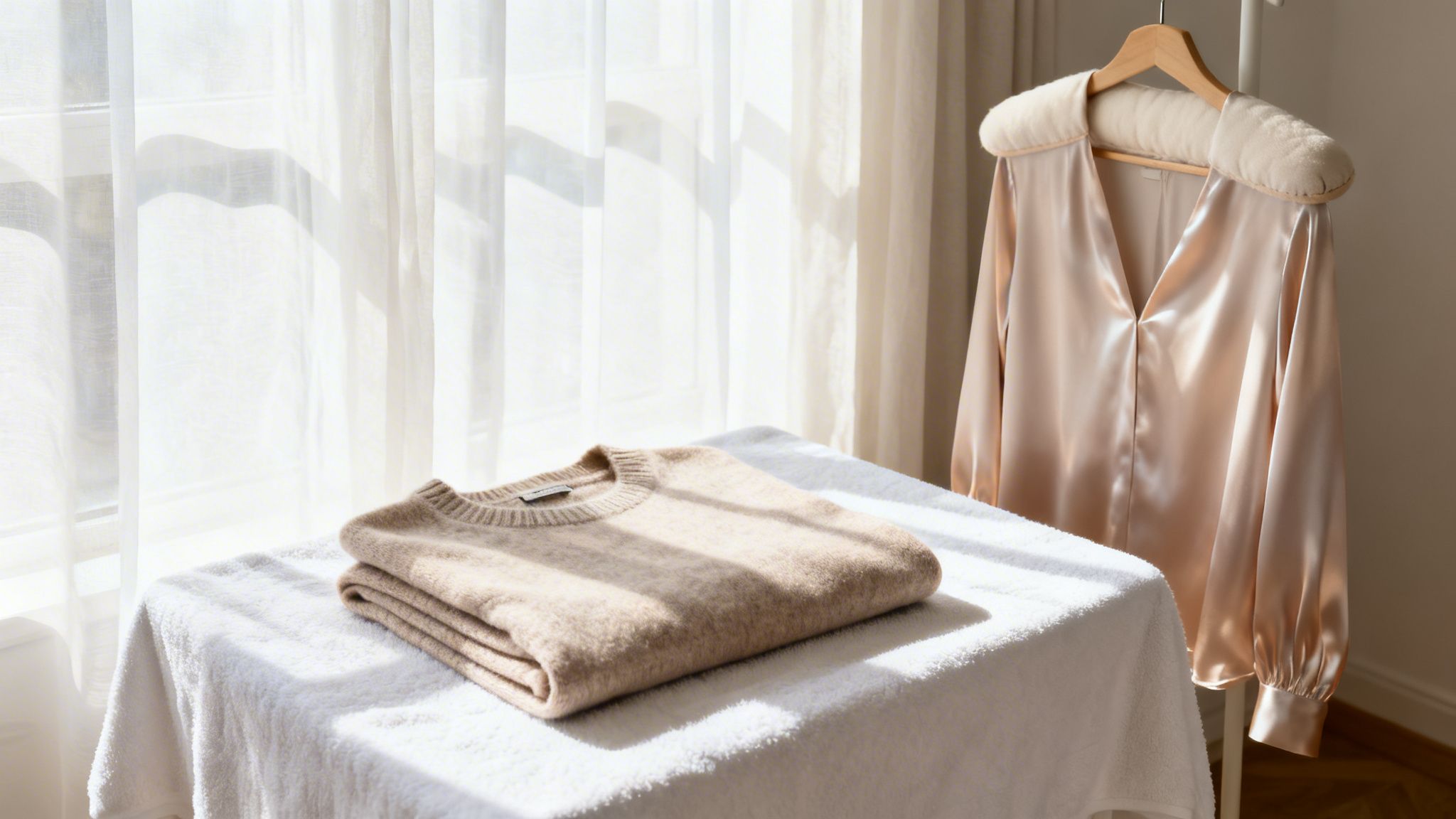 A neatly folded beige sweater rests on a white towel next to a hanging peach satin blouse.