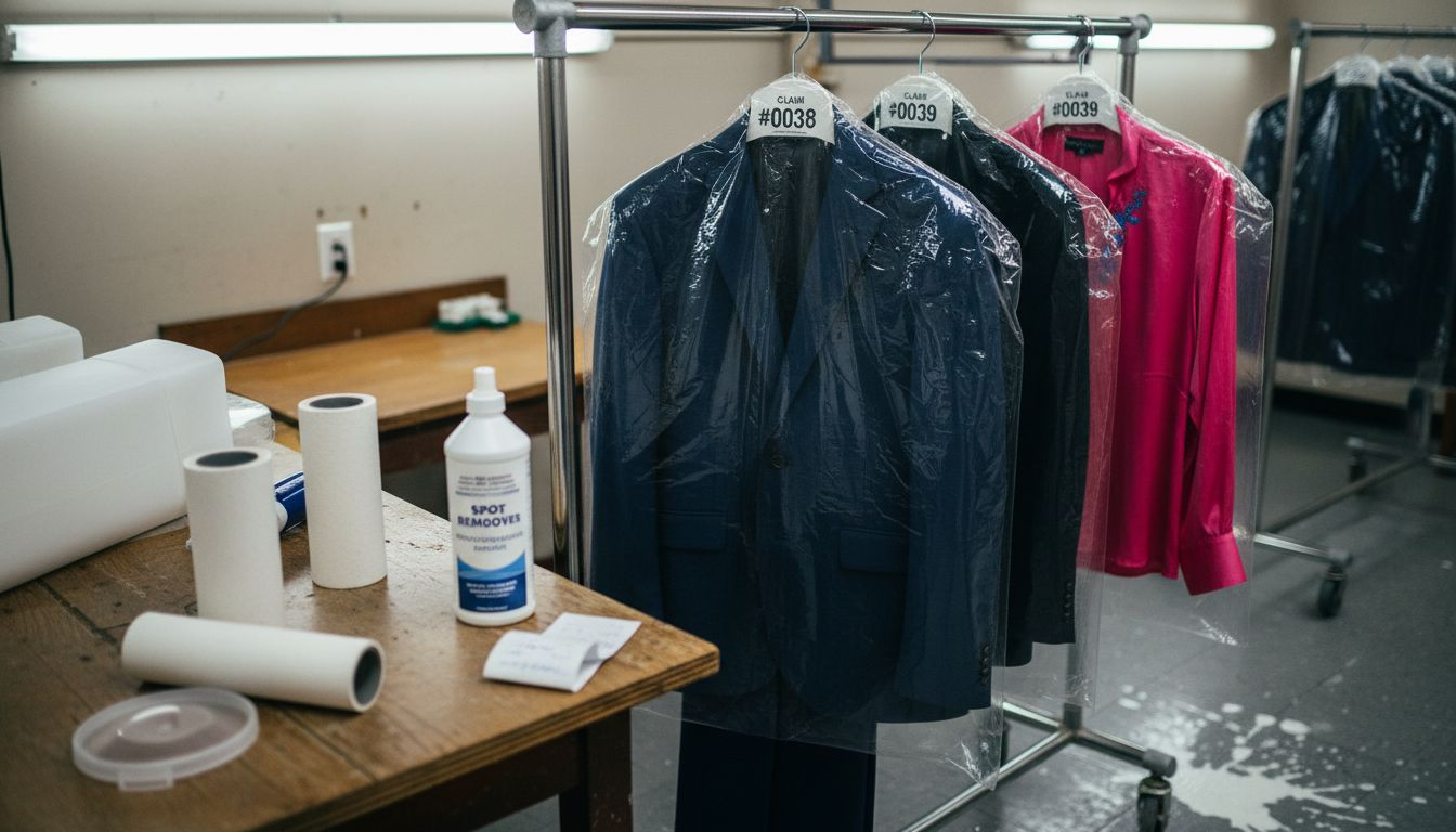 Cleaned suit and silk blouse in dry cleaner back room