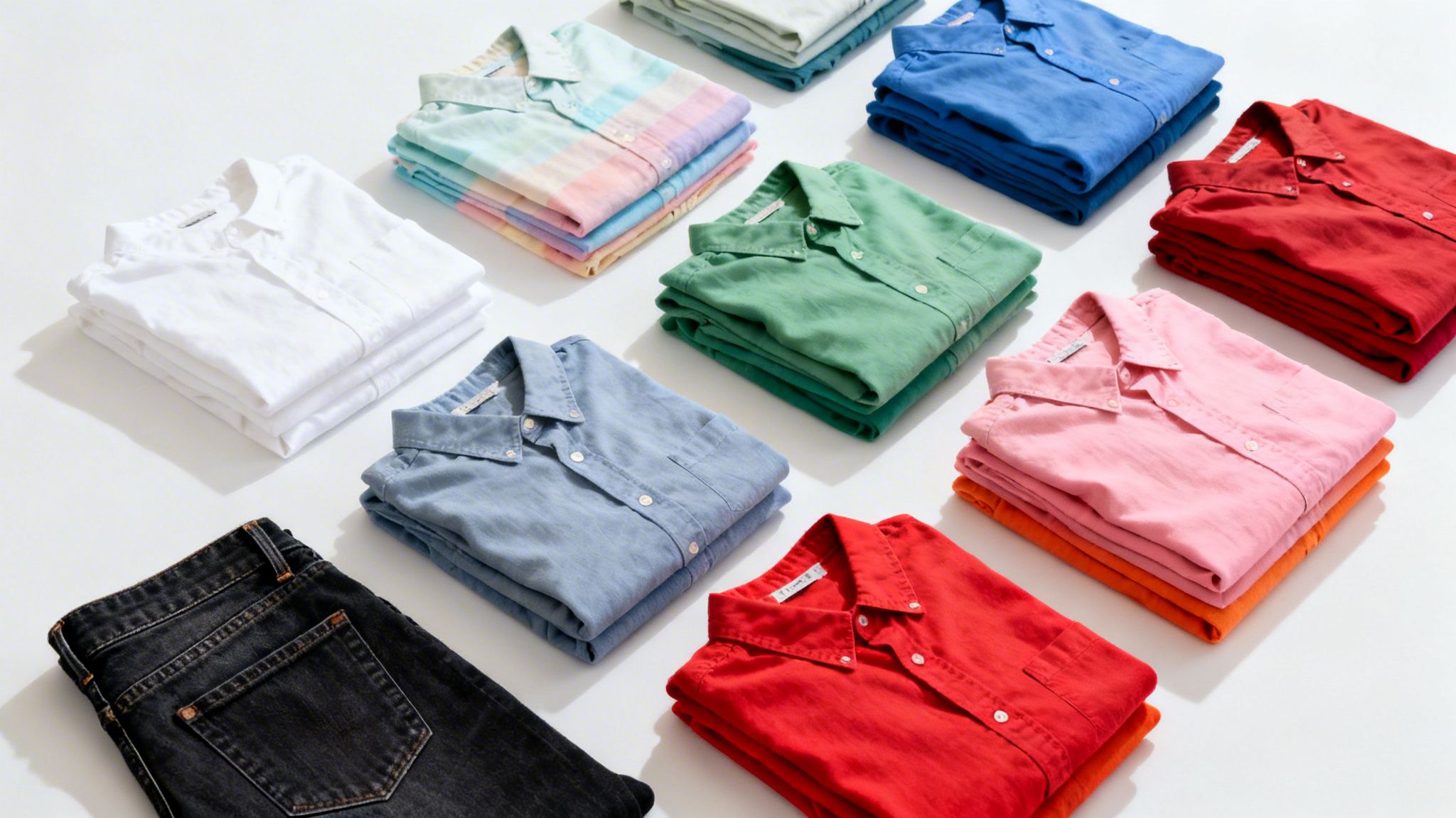 Neatly folded stacks of colorful shirts in various hues and a pair of dark jeans.
