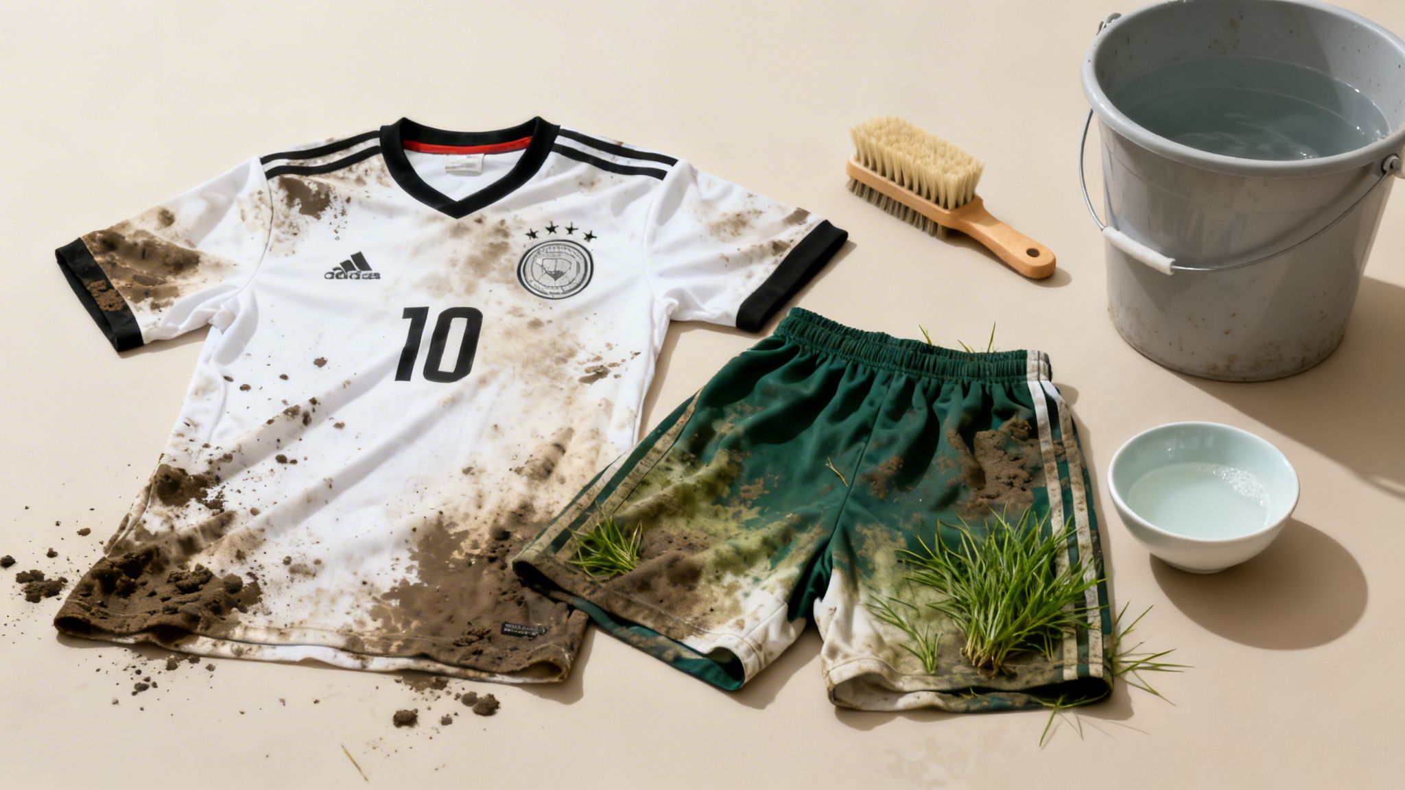 Mud-covered white soccer jersey and green shorts next to a cleaning brush, bucket, and bowl of water.