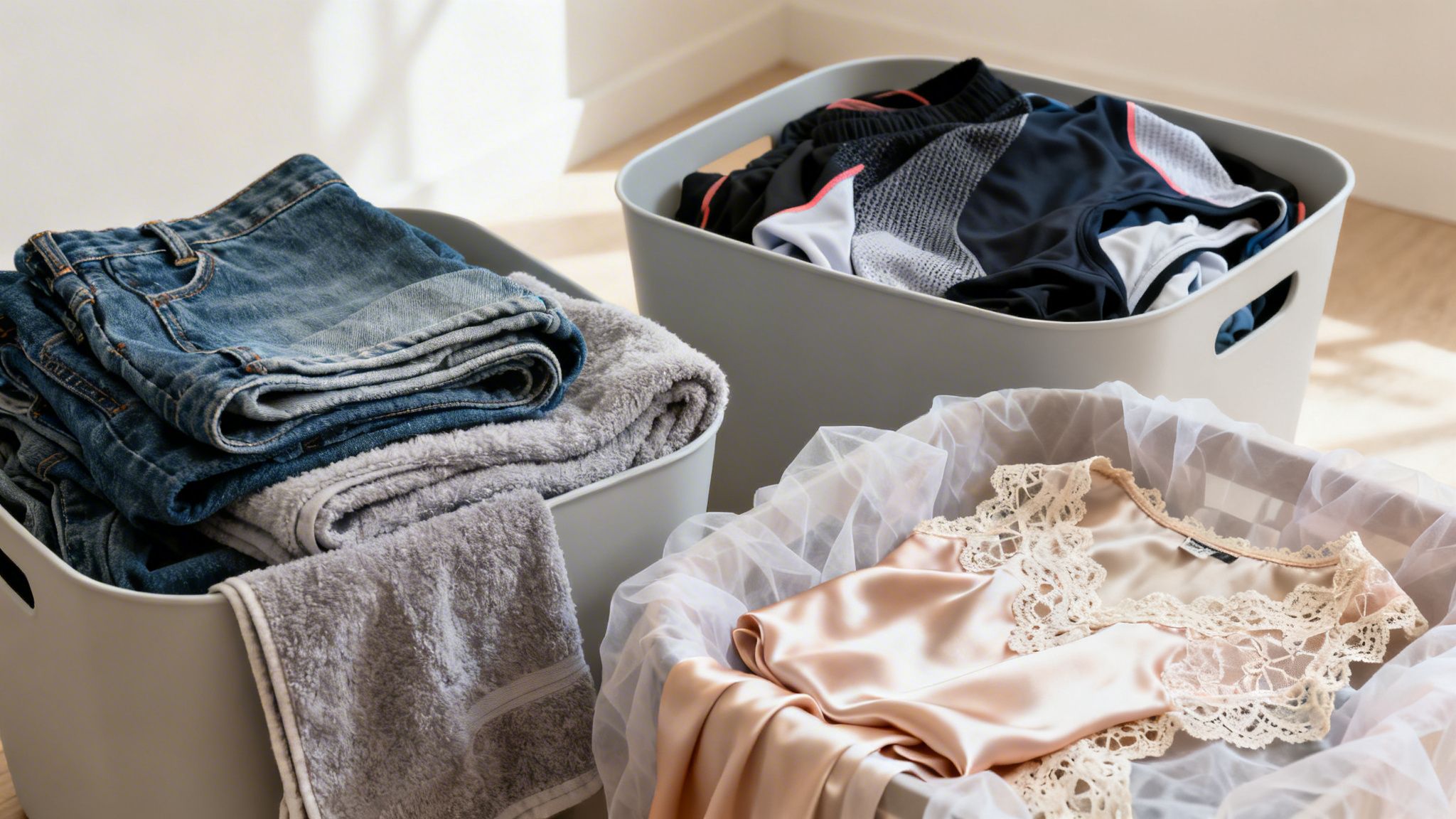 Three laundry baskets with clothes sorted by type: jeans, towels, athletic wear, and delicates.